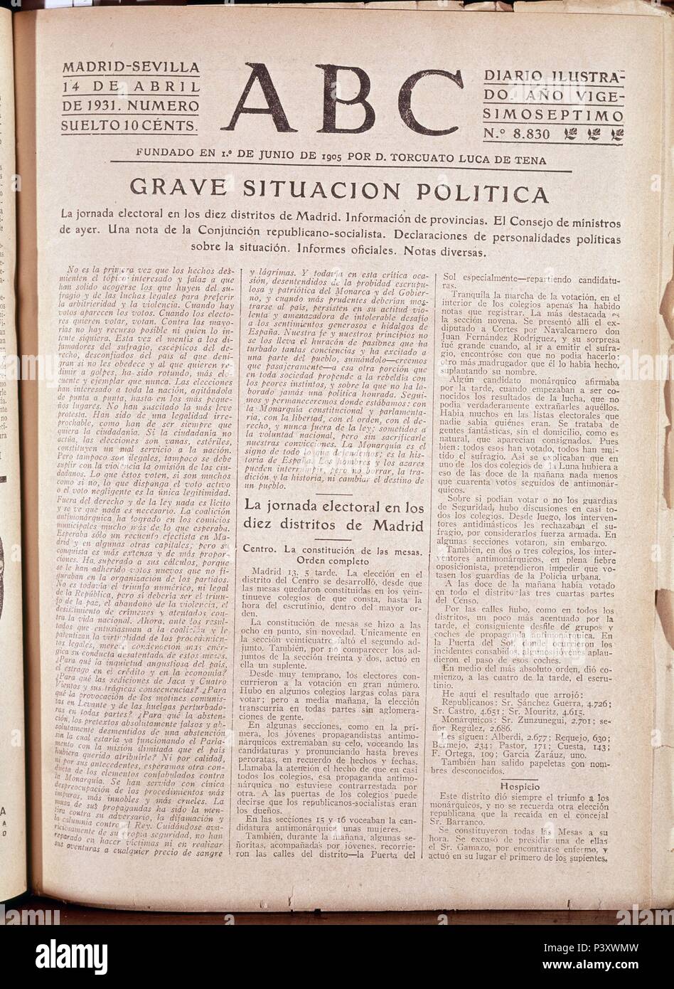 14/4/1931 PERIODICO ABC - JORNADA ELECTORAL EN MADRID. Emplacement : Teatro Real, MADRID, ESPAGNE. Banque D'Images