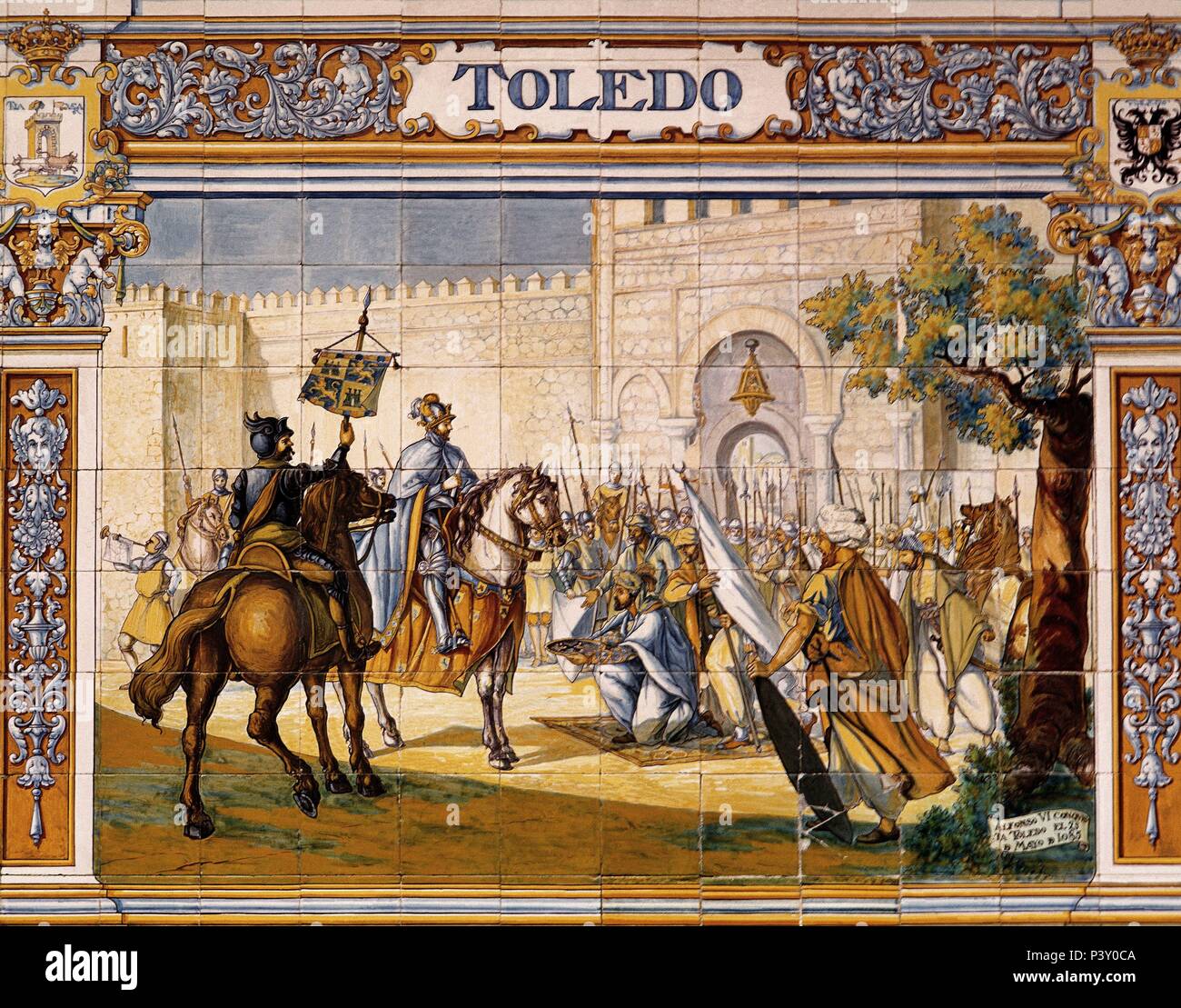 REPRESENTACION DE TOLEDO - LA CONQUISTA DE TOLEDO POR ALFONSO VI EN EL AÑO 1085 A LOS MUSULMANES - AZULEJOS DE LA PLAZA DE ESPAÑA DE SÉVILLE. Emplacement : Espagne, Sevilla, Séville, ESPAGNE. Banque D'Images