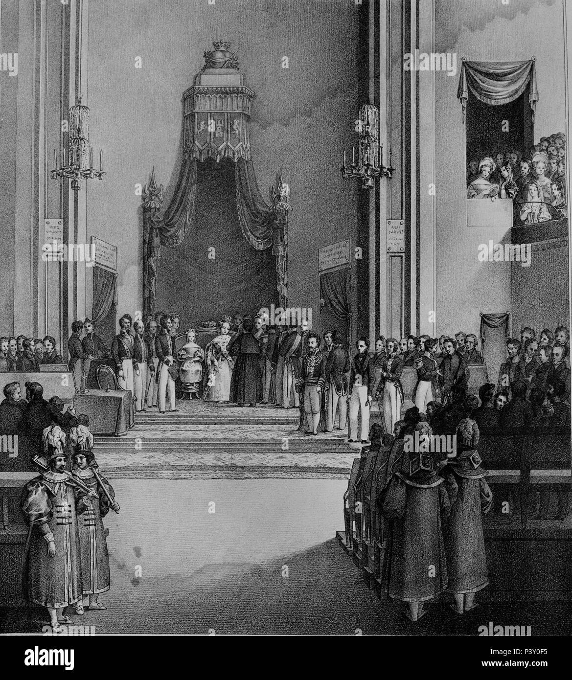 LA REINA GOBERNADORA JURA LA CONSTITUCION DE 1837, EN SESION SOLEMNE CELEBRADA EN EL CONVENTO del Espiritu Santo, ACOMPAÑADA DE SU HIJA ISABEL II. Emplacement : MUSEO ROMANTICO-gravure, MADRID, ESPAGNE. Banque D'Images