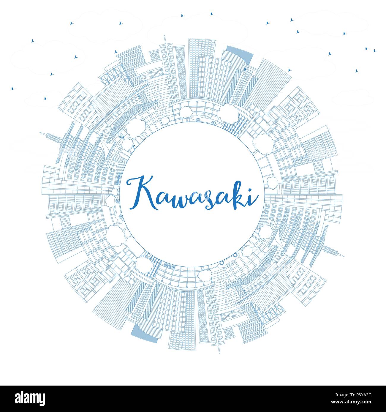 Japon Kawasaki contour bleu horizon de la ville avec les bâtiments et l'espace de copie. Vector Illustration. Les voyages d'affaires et tourisme Concept Illustration de Vecteur