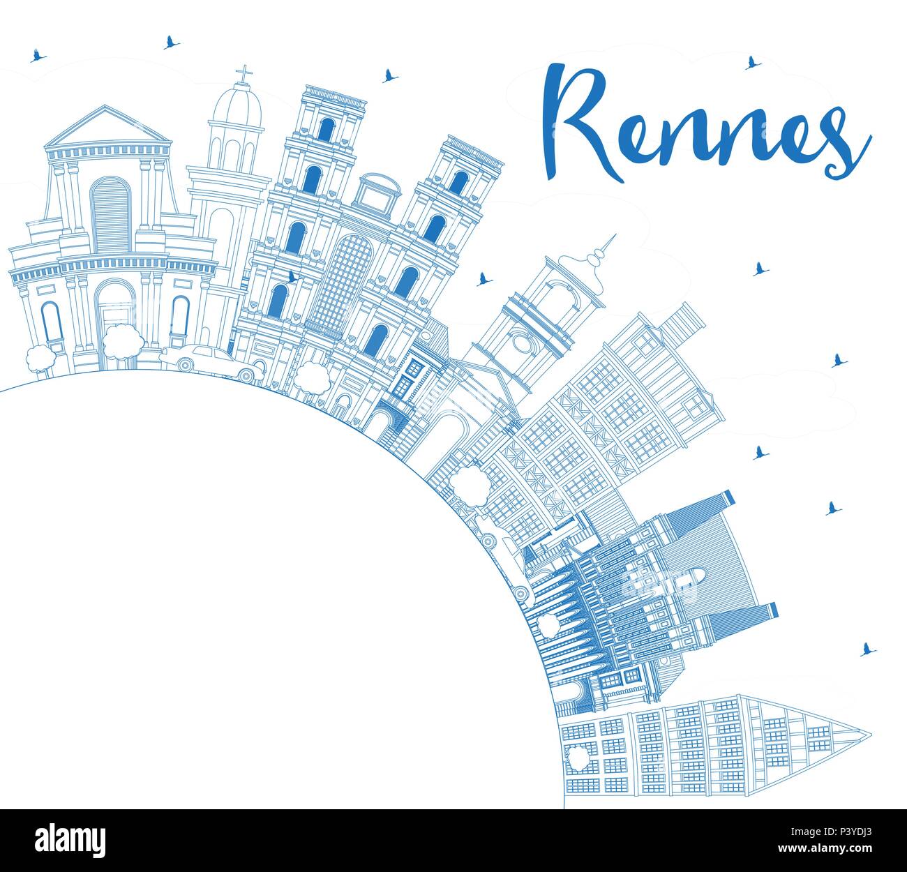 Contours Rennes France bleu horizon de la ville avec les bâtiments et l'espace de copie. Vector Illustration. Illustration de Vecteur