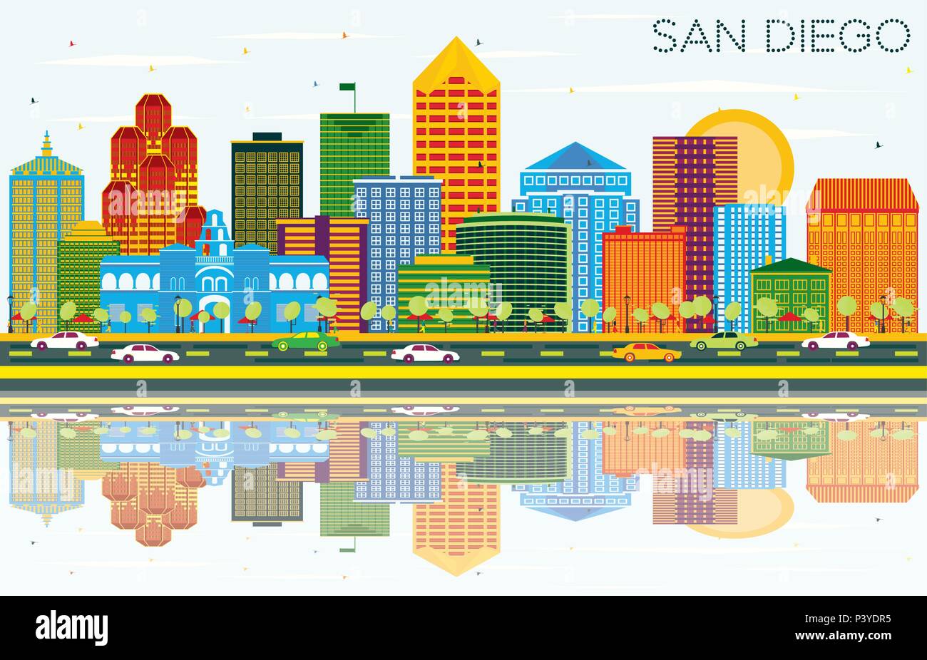 Les toits de San Diego en Californie avec les bâtiments, de couleur bleu ciel et les réflexions. Vector Illustration. Illustration de Vecteur