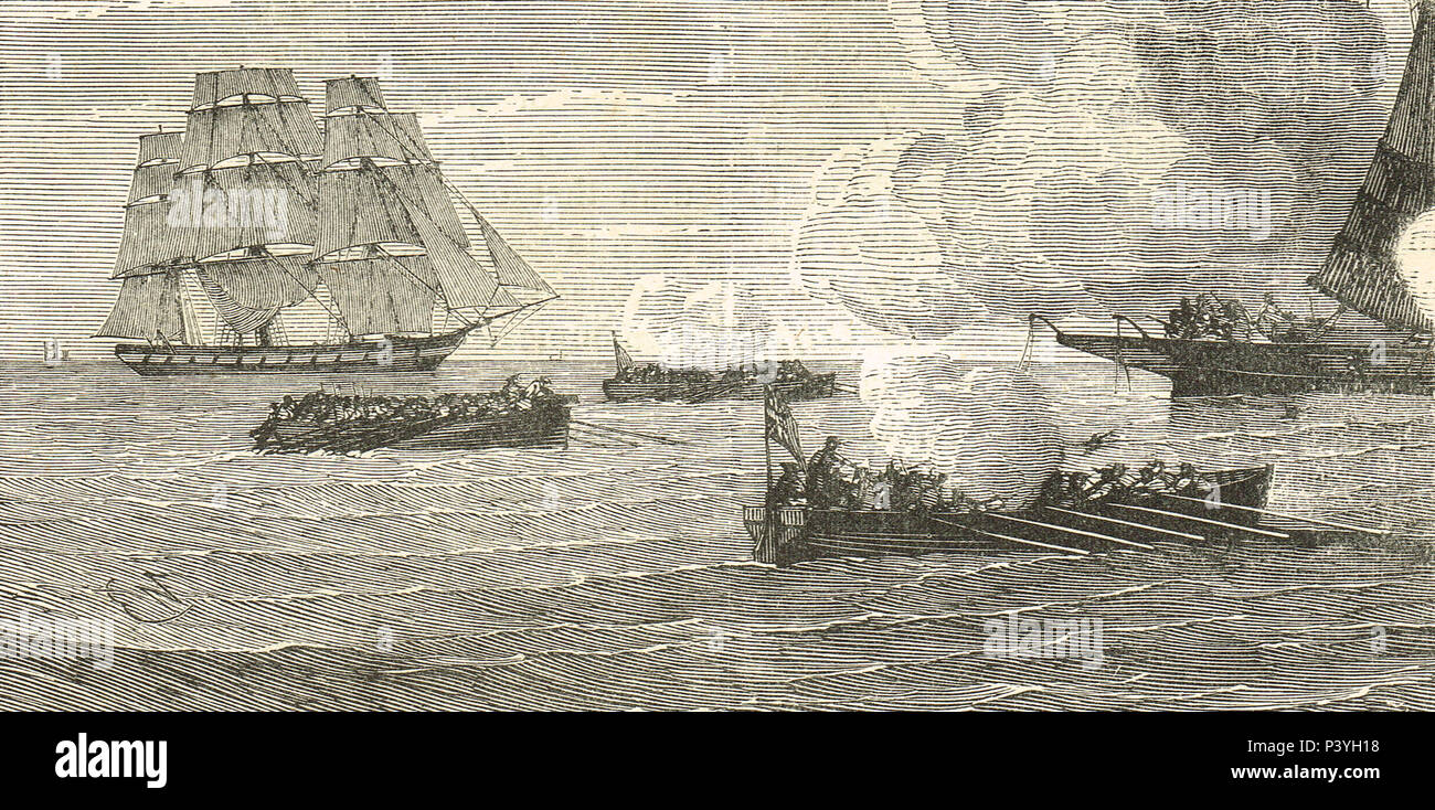 Duel Naval du chenal du Nord, entre l'USS Ranger et HMS Drake, 24 avril 1778, pendant la guerre d'Indépendance Américaine Banque D'Images