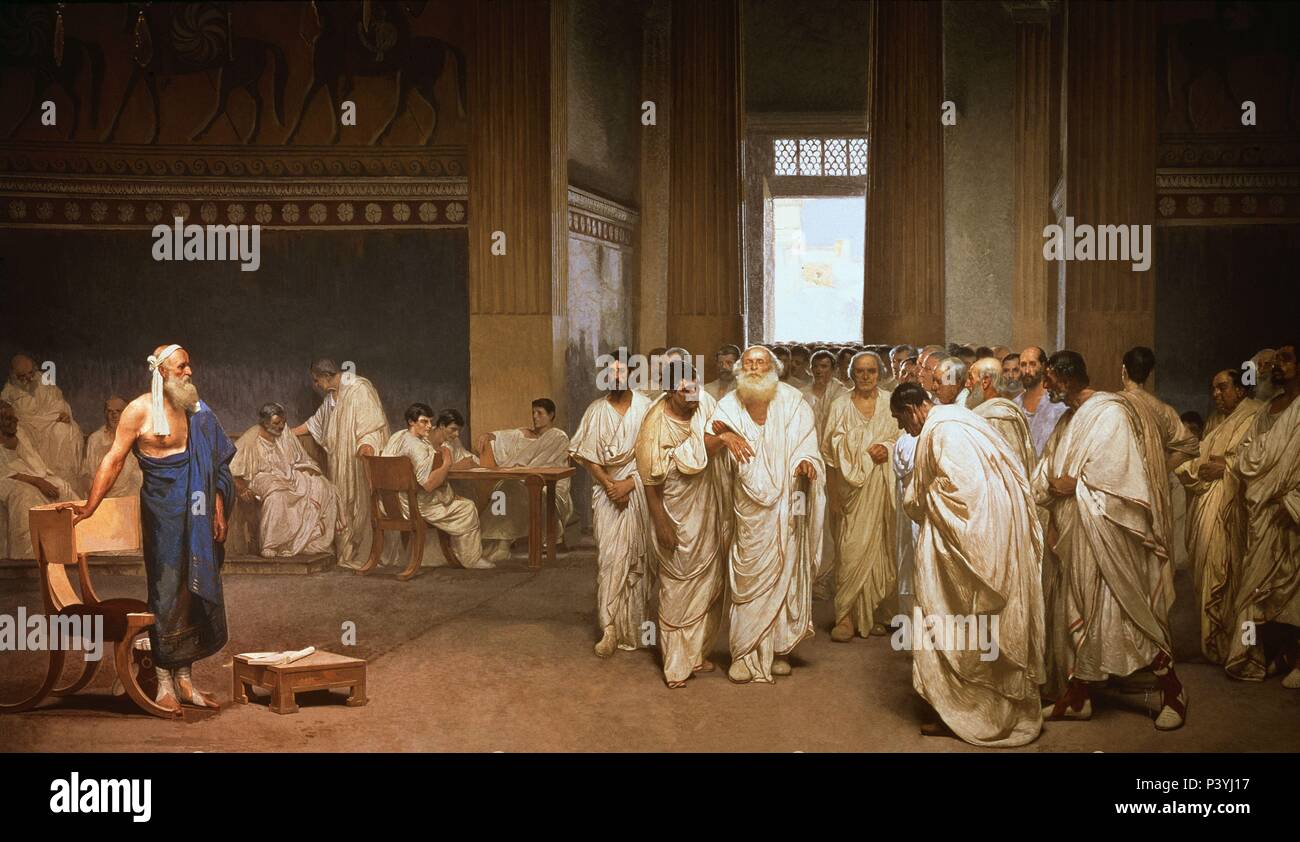 L'école italienne. Appio Claudio entrant dans le sénat Romain. 3ème-4ème siècle avant JC. Rome, Palais du Sénat. Auteur : Cesare Maccari (1840-1919). Lieu : Palais Madama-SENADO, ITALIA. Banque D'Images