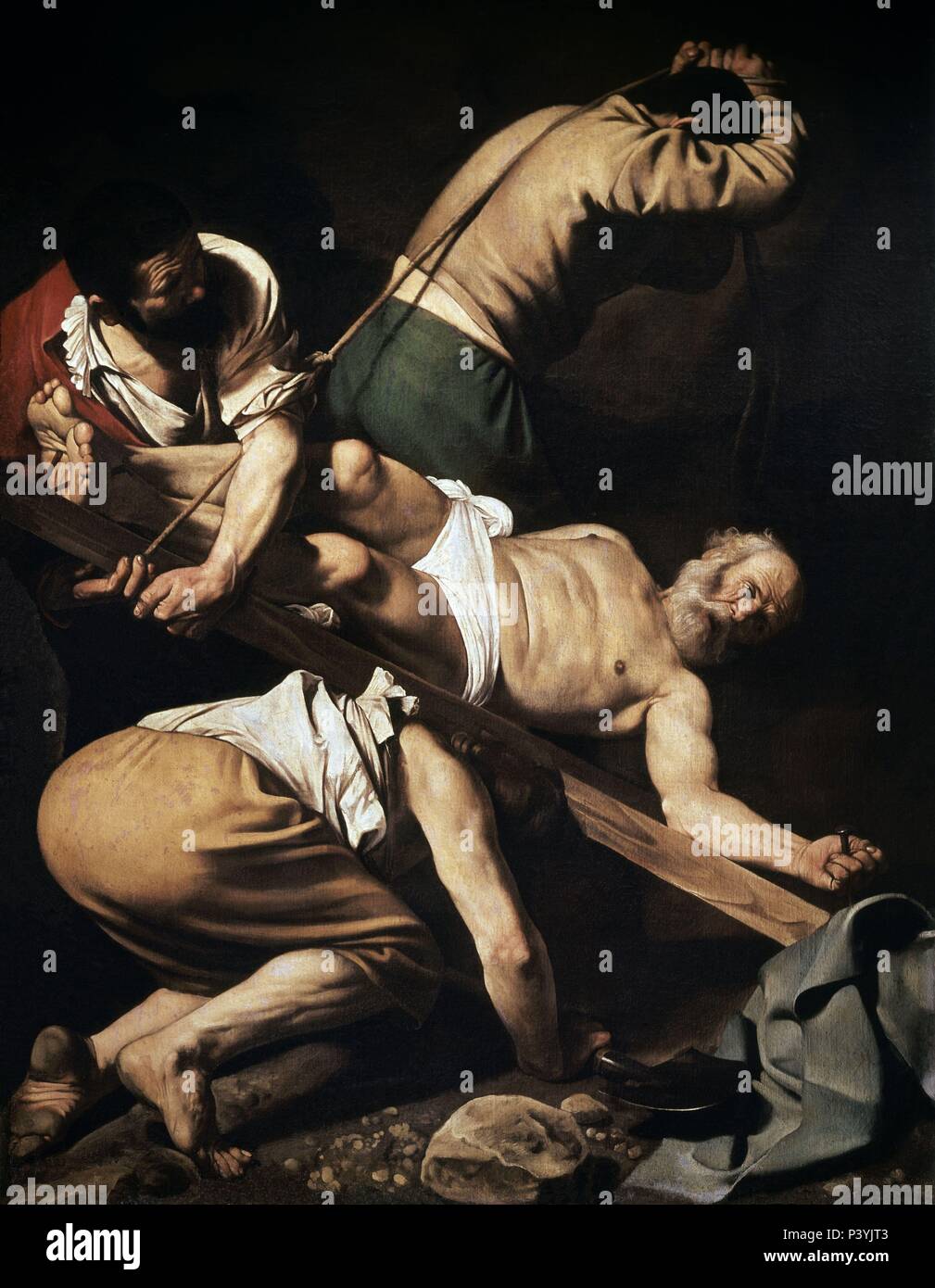 La Crucifixion de Saint Pierre - 1600/01 - 230x175 cm - huile sur panneau - Baroque Italien. Auteur : Caravaggio (ch. 1570-1610). Lieu : EGLISE DE SANTA MARIA DEL POPOLO, ROME, ITALIE. Aussi connu comme : LA CRUCIFIXION DE SAN PEDR. Banque D'Images