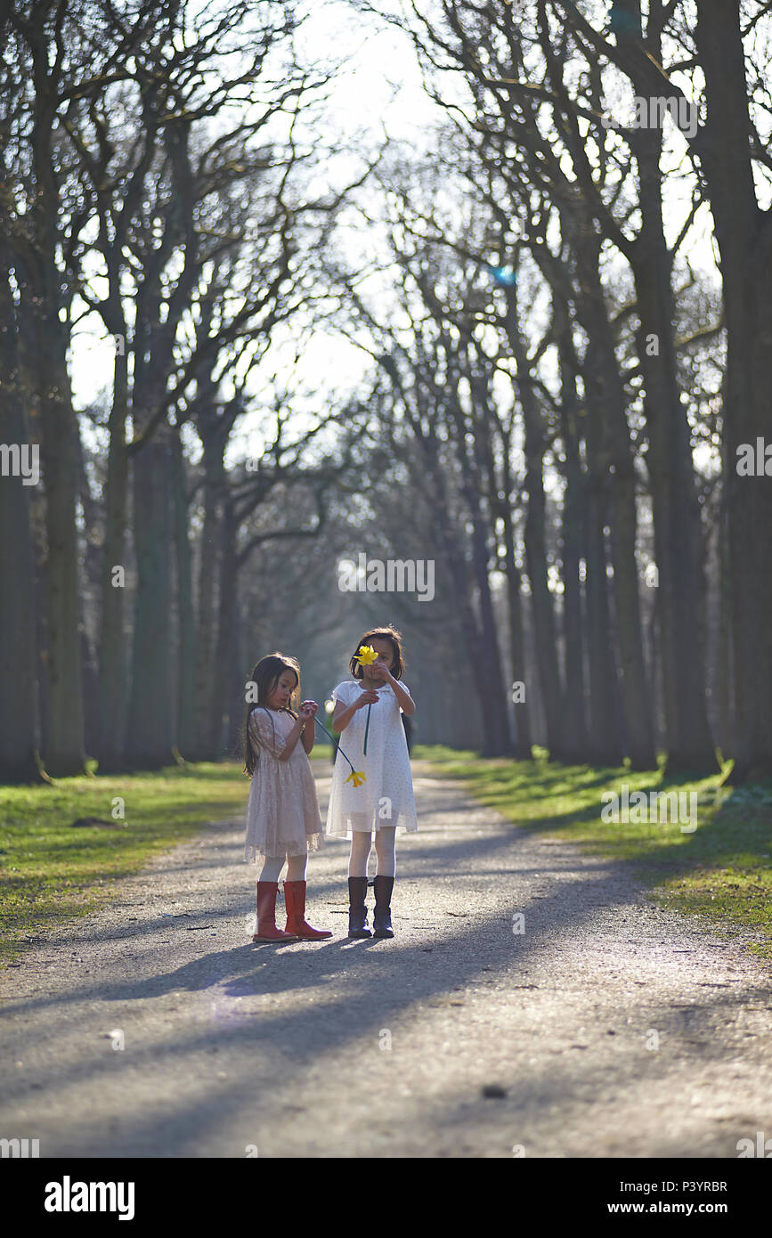 Deux jolies jeunes sœurs asiatiques jouer et marcher sur un beau sentier dans un parc avec la zone arborée de disparaître dans la distance en perspective Banque D'Images