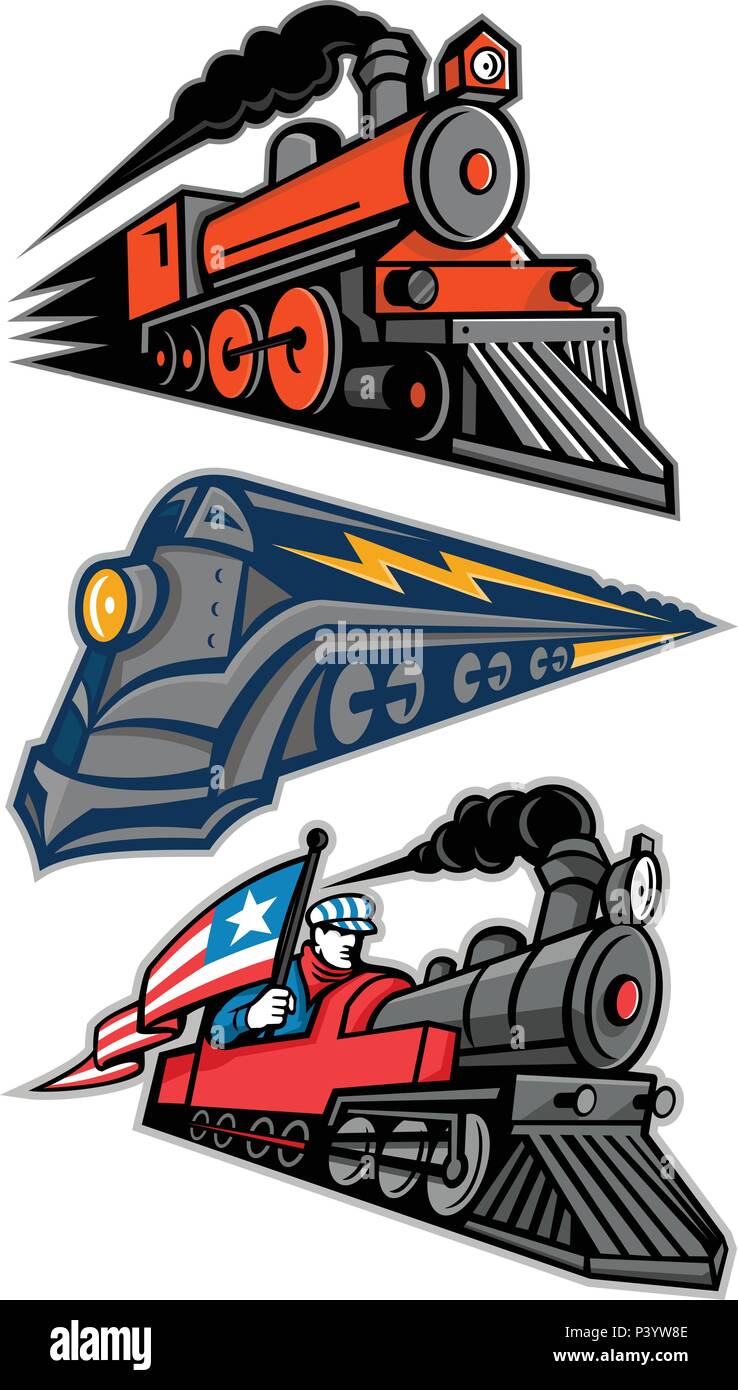 L'icône illustration mascotte ensemble de vintage locomotive à vapeur ou moteur à vapeur train ferroviaire accélérant vu de côté sur fond isolé en rétro Illustration de Vecteur