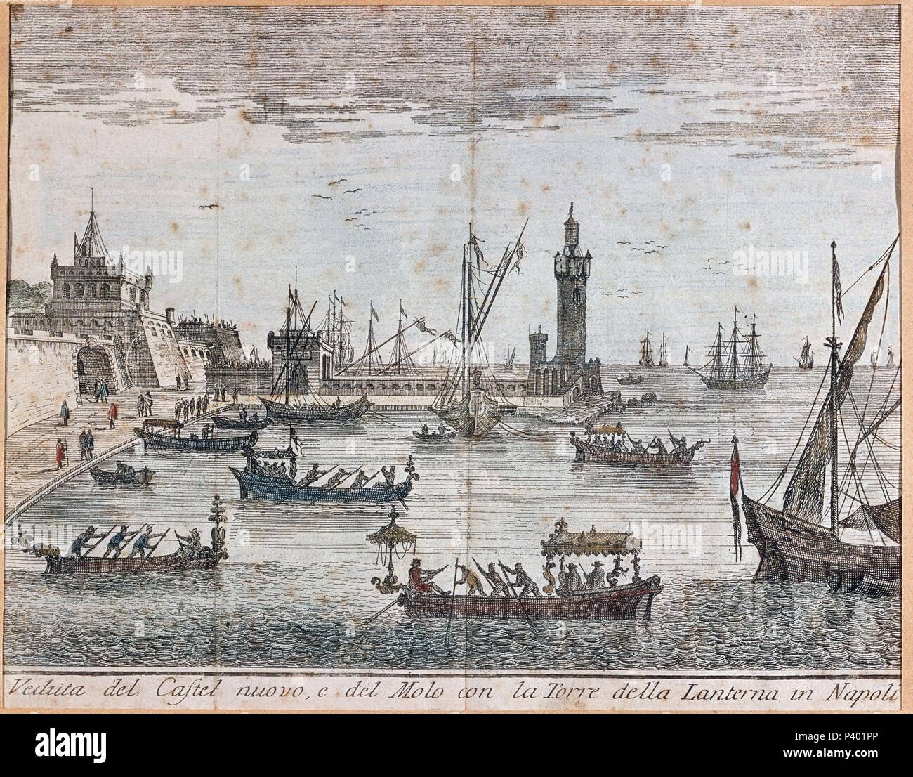 VISTA DEL CASTILLO NUEVO Y DEL MUELLE CON LA TORRE DE LA ARGÜELLES TERRAZA EN NAPOLES - la gravure en 1761. Auteur : GIAMBATTISTA ALBRIZZI. Emplacement : MUSEO DEL MARE, GENOVA, ITALIA. Banque D'Images