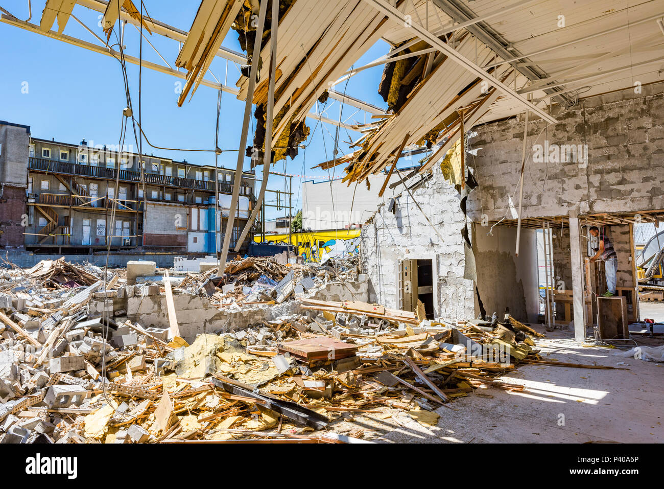Site de démolition de bâtiments, Vancouver, Colombie-Britannique, Canada. Banque D'Images