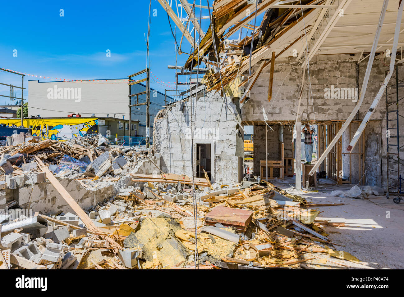 Site de démolition de bâtiments, Vancouver, Colombie-Britannique, Canada. Banque D'Images