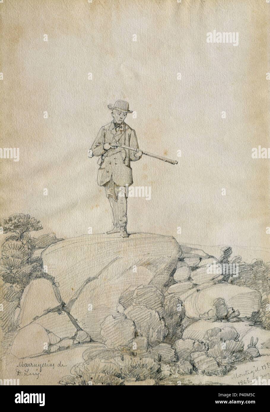 DON LUIS DE CAZA - 1865 - DIBUJO. Auteur : Joaquín Domínguez Bécquer (1819-1879). Banque D'Images DON LUIS DE CAZA - 1865 - DIBUJO. Auteur : Joaquín Domínguez Bécquer (1819-1879). Banque D'Images