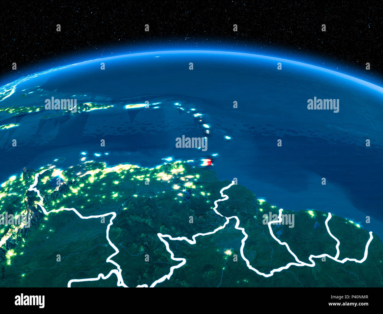 Vue de l'orbite des Caraïbes en rouge avec bordures visibles et les lumières de la ville sur la planète Terre la nuit. 3D illustration. Éléments de cette image Banque D'Images