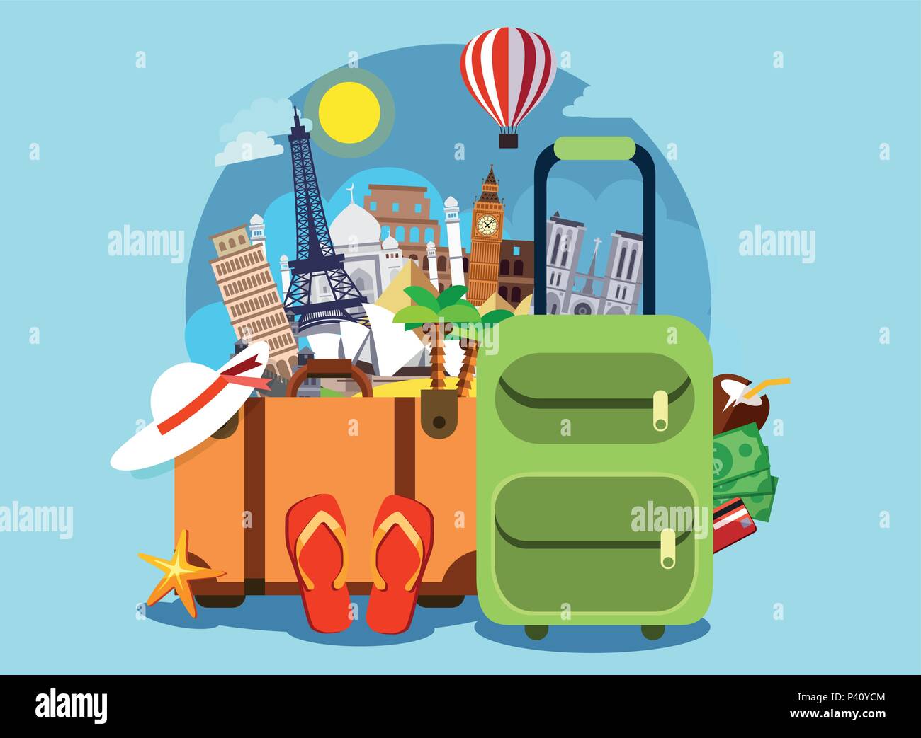 Tourisme avec le célèbre world landmarks. Vector Illustration. Sacs de voyage et différents éléments touristiques Illustration de Vecteur