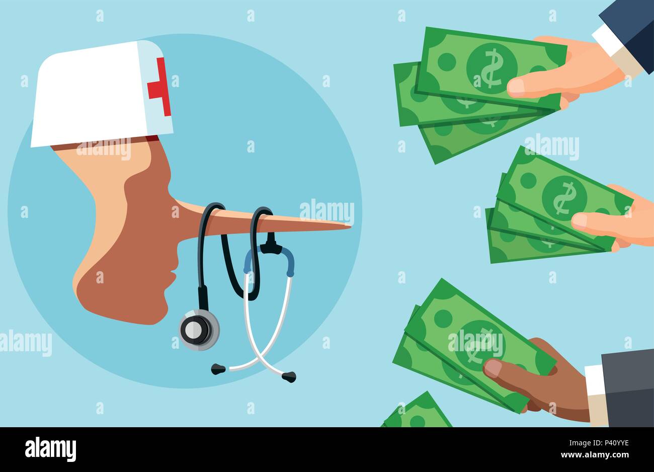 La fraude et la corruption de la santé médecin concept. Médecin homme malhonnête avec stéthoscope enroulé autour de long nez à à de nombreuses mains avec de l'argent. Illustration de Vecteur