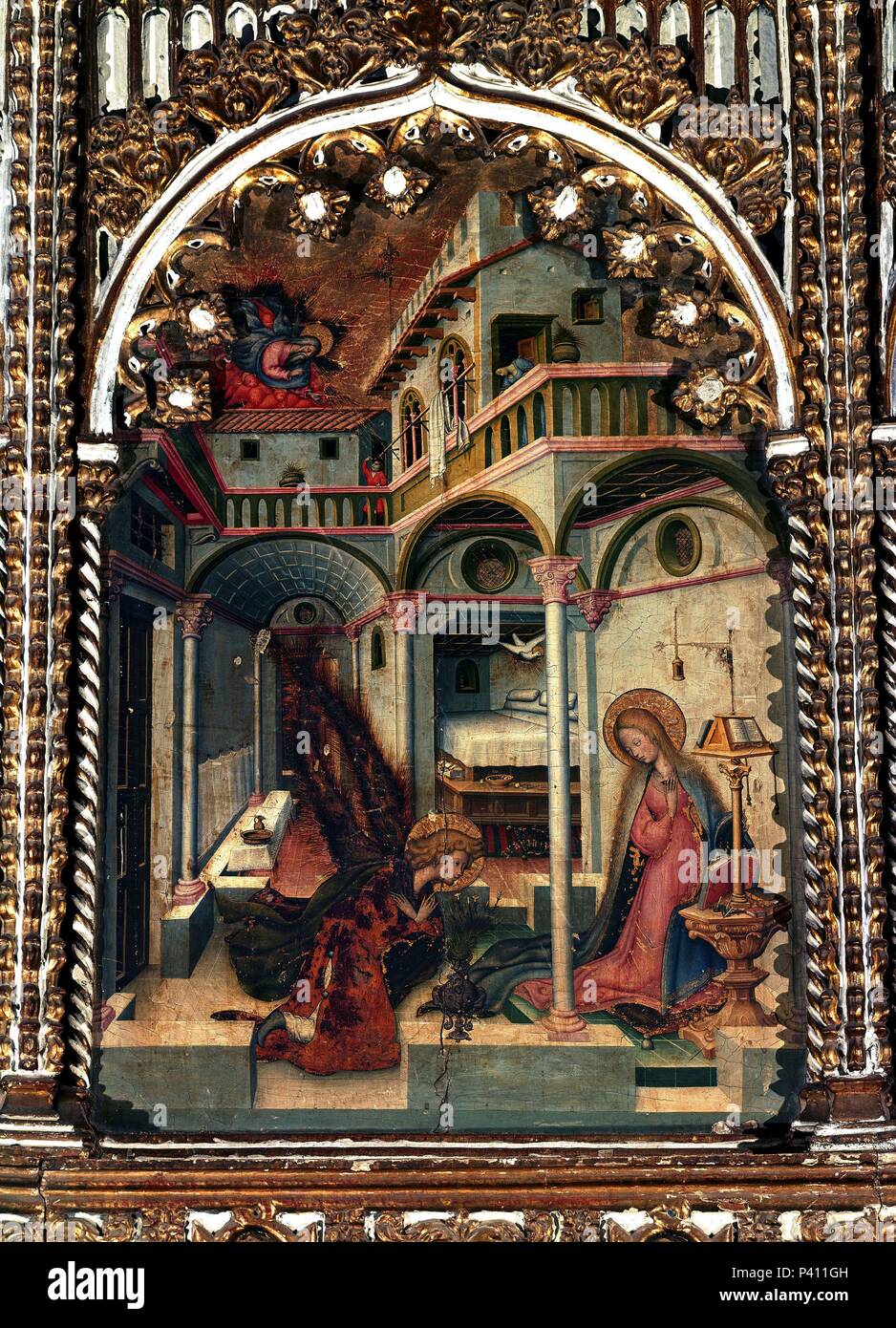 DETALLE DEL RETABLO MAYOR DE LA CATEDRAL DE SEGOVIA - LA ANUNCIACION - Siglo XV - GOTICO INTERNACIONAL. Auteur : Nicolò Delli (1403-1470). Emplacement : Catedral Vieja, Salamanca, Espagne. Banque D'Images