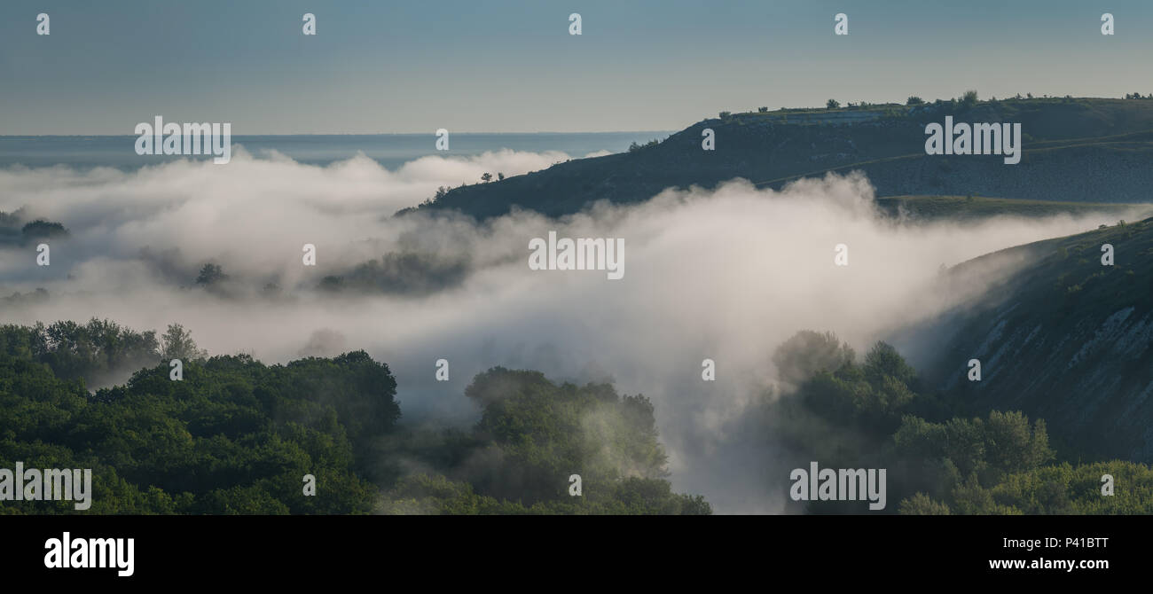 Panorama avec brouillard sur les collines, belle paysage d'été Banque D'Images