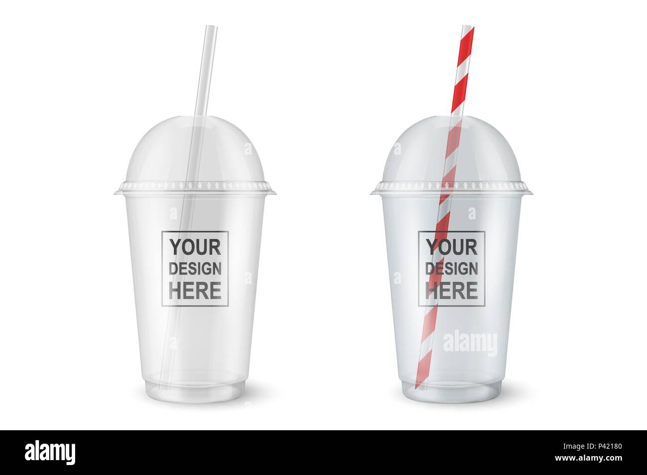 Vector 3D réaliste en plastique transparent vide gobelet jetable set libre isolé sur fond de grille de la transparence. Modèle de conception de maquette graphique - emballage pour le lait, thé, jus de fruits frais, smoothies, limonade et autres boissons. Vue avant Illustration de Vecteur