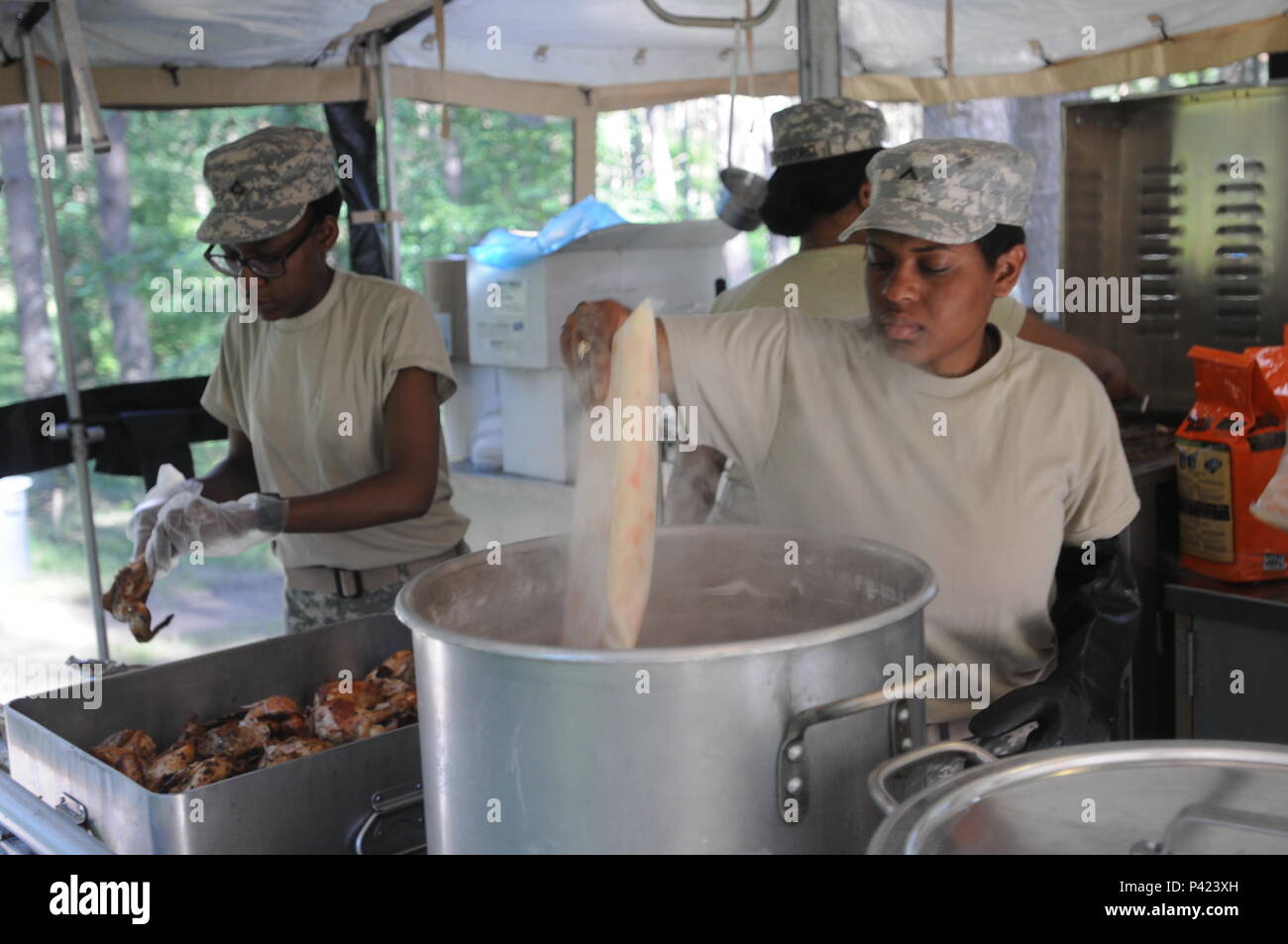 La FPC. Babrah Mumeld et Pvt. Zenetria Williams préparer le dîner d'une cuisine mobile remorque lors Anakonda 16 à la formation Pomoriskie Drawsko Salon en Pologne. Anakonda 16 exercice est une commune, dirigée par la Pologne, l'exercice multinational ayant lieu en Pologne du 7 au 17 juin. Mumeld est de Seattle, Washington, et affecté au Quartier-maître 483rd société basée à Marysville, Washington Williams de Brooklyn, NY attribué à 716th Quartermaster société basée à Jersey City, New Jersey (Photo par le Sgt. Dennis verre) Banque D'Images