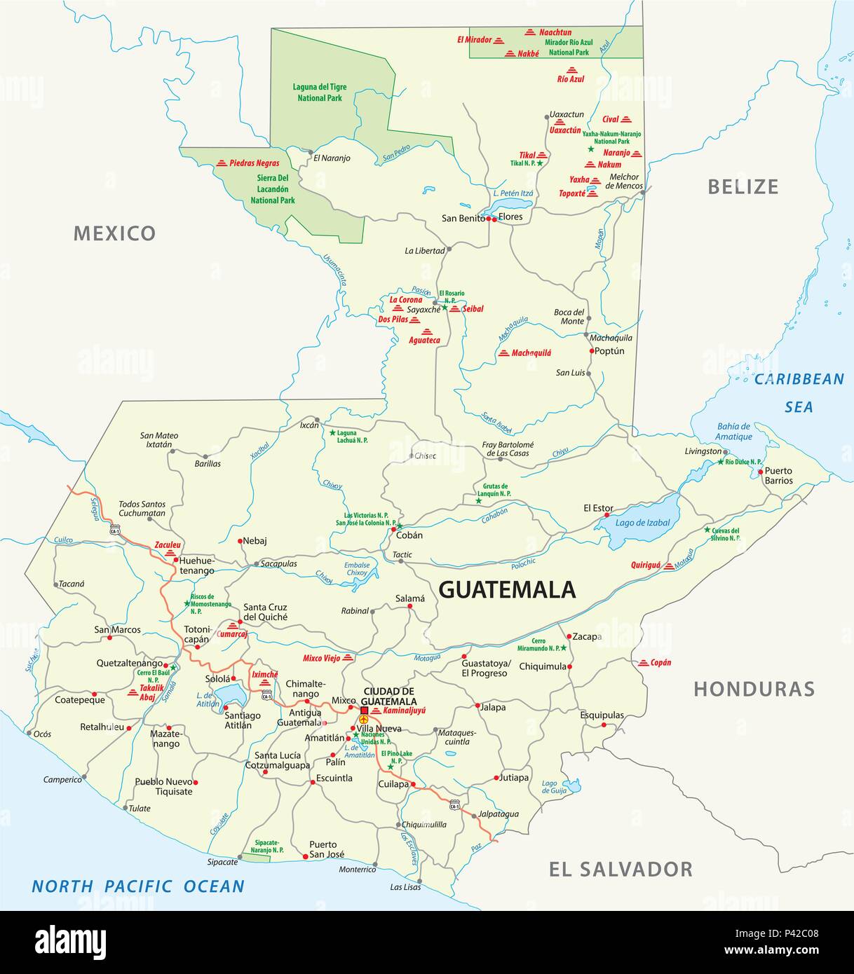 Carte routière de vecteur au Guatemala avec les principales ruines mayas et les parcs nationaux Illustration de Vecteur