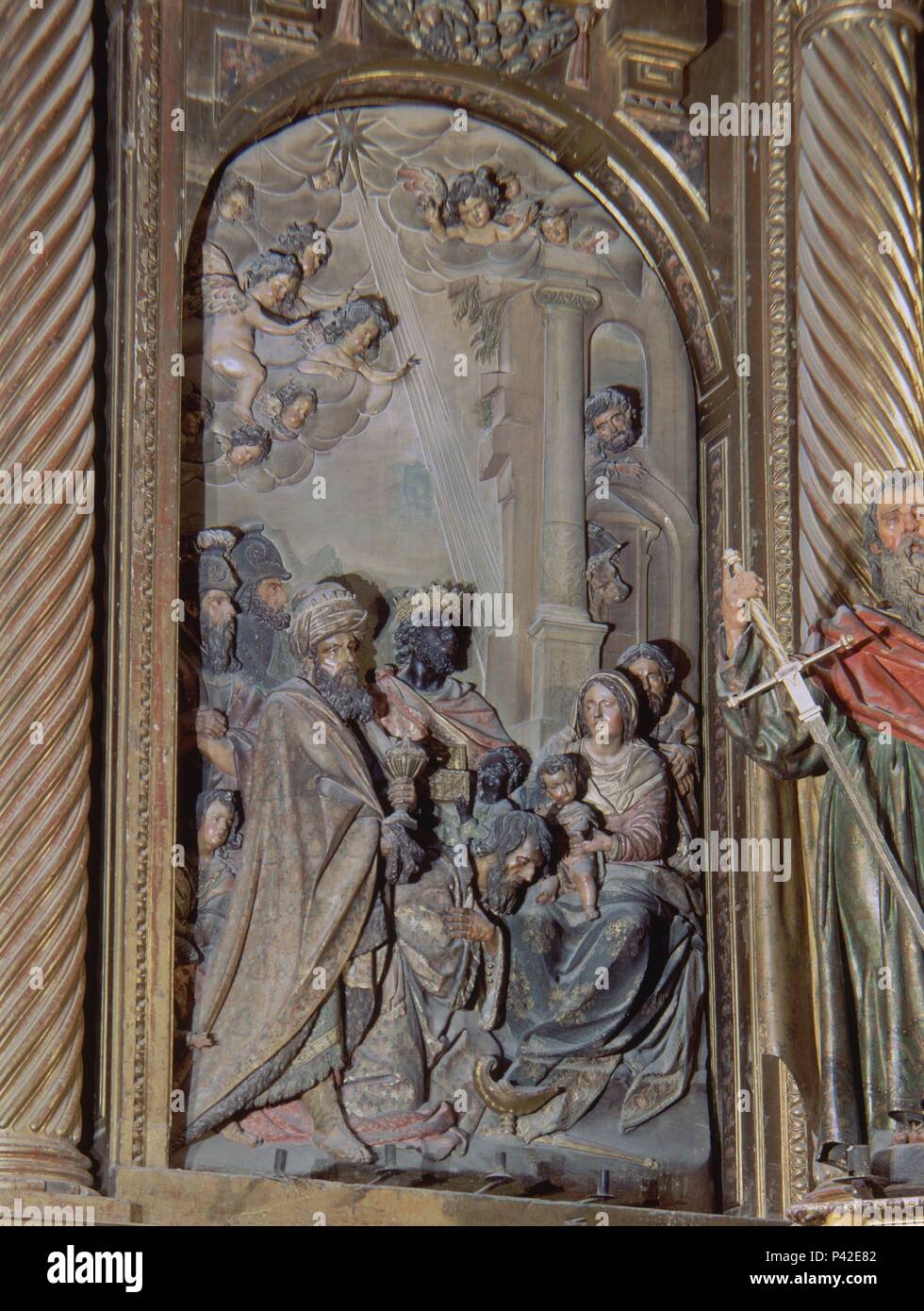 RETABLO MAYOR-DET EPIFANIA. Auteur : José de Arce (ch. 1600-1666). Lieu : st. MICHAEL'S CHURCH, Jerez de la Frontera, Cadix, Espagne. Banque D'Images