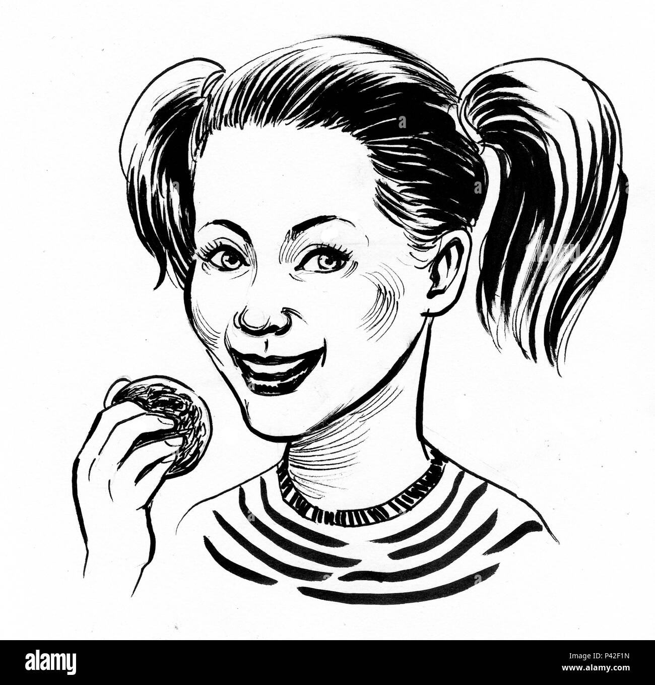 Girl eating a cookie. Dessin noir et blanc Encre Banque D'Images