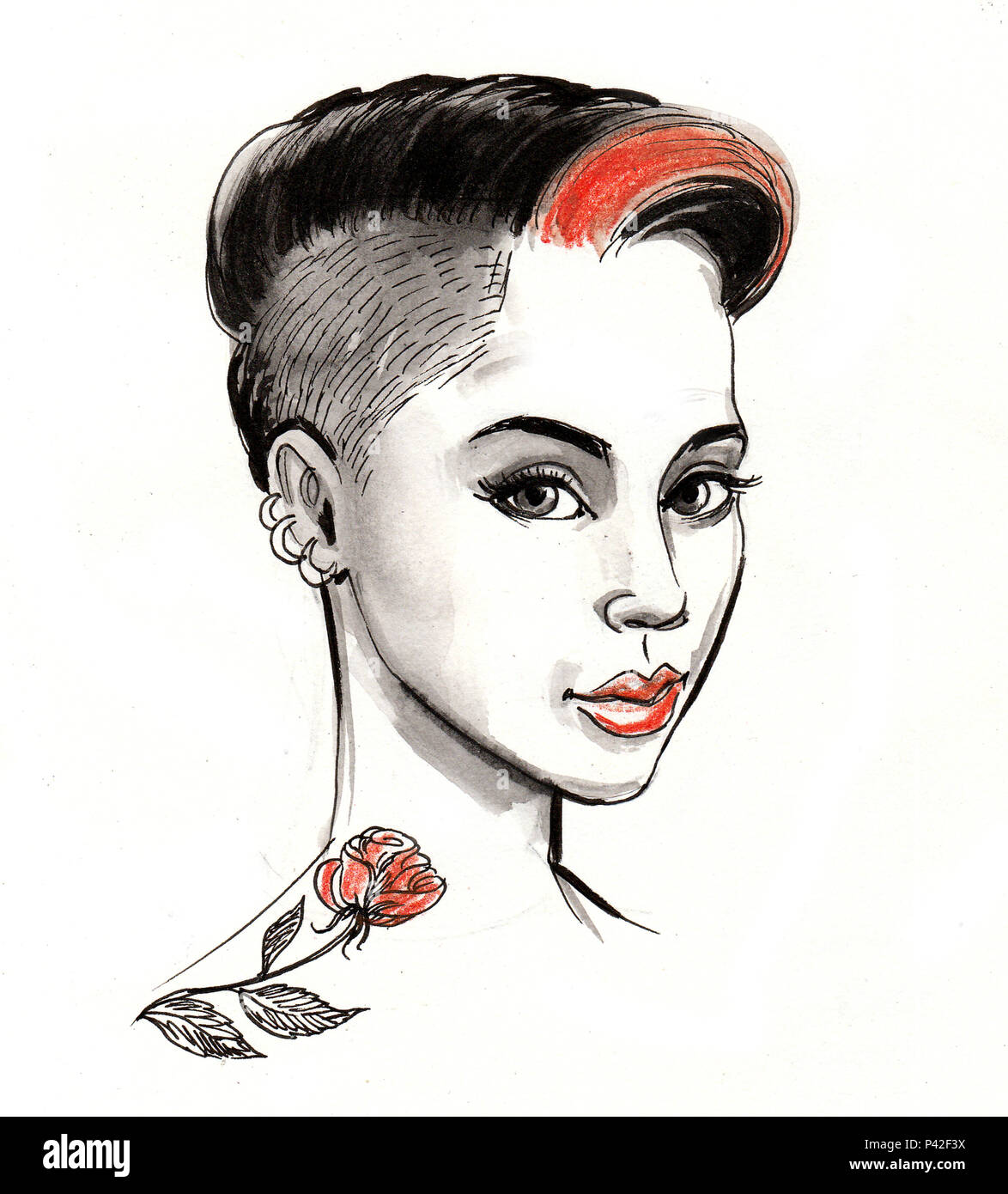 Jolie femme avec une coupe de cheveux. et Rose Tattoo Banque D'Images