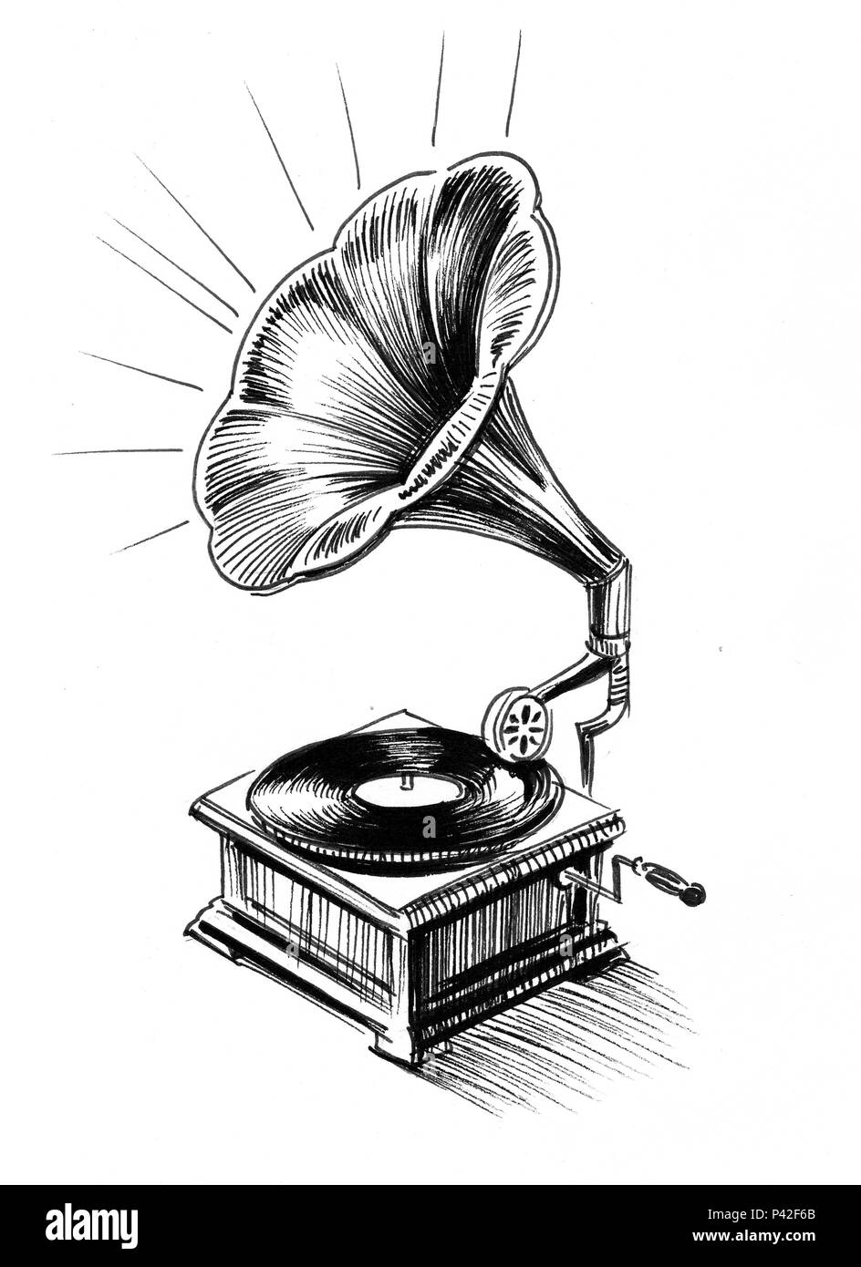 Jouer gramophone. Illustration noir et blanc Encre Banque D'Images