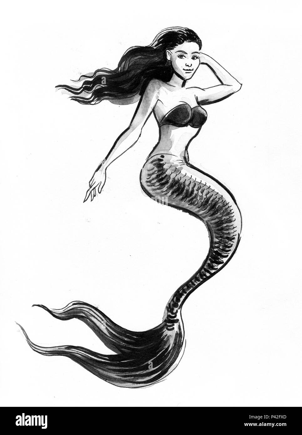 Belle Sirene Dessin Noir Et Blanc Encre Photo Stock Alamy