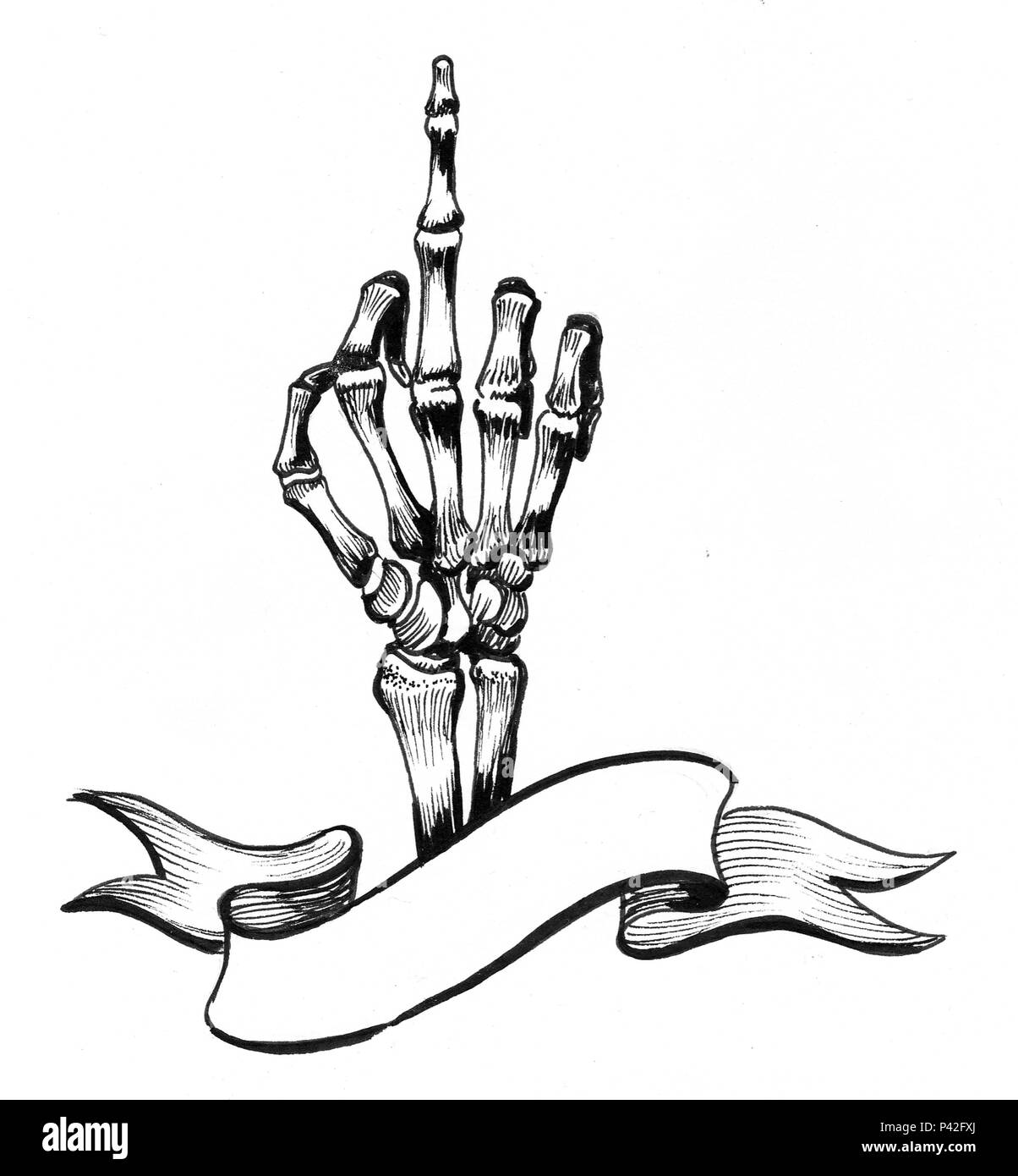 Main squelette montrant un doigt du milieu. Illustration noir et blanc Encre Banque D'Images