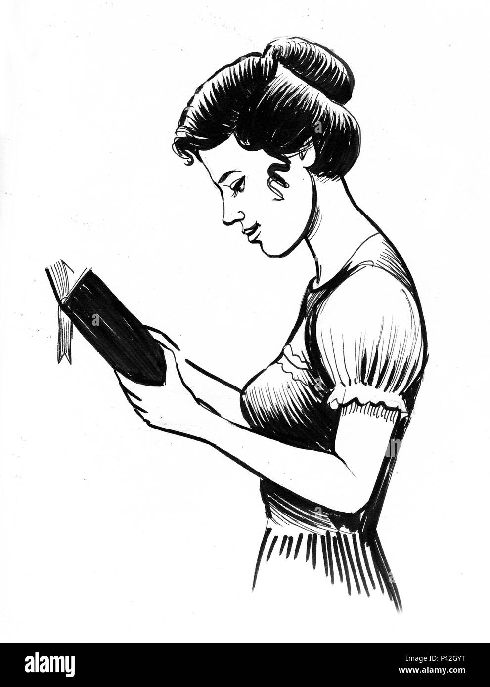 Jolie dame de lire un livre. Illustration noir et blanc Encre Banque D'Images