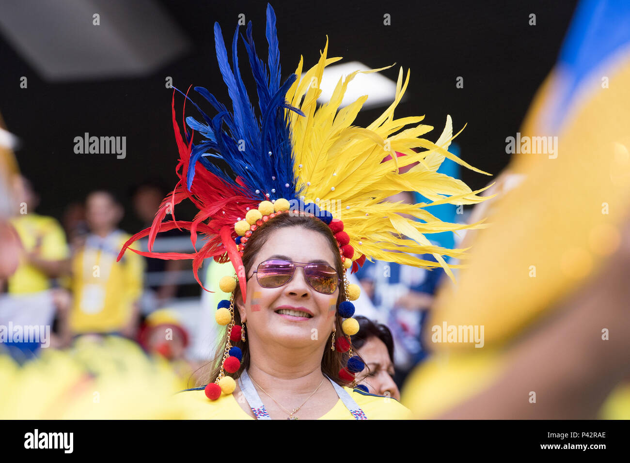 Moscow, Russia. 19 Juin, 2018. Une femelle avec ventilateur colombien coiffe, ventilateur, Fans, spectateurs, supporters, sympathisants, Colombie (COL) - Japon (JPN) 1 : 2, premier tour, Groupe H, 16, Jeu 19.06.2018 à Saransk ; Coupe du Monde de Football 2018 en Russie à partir de la 14.06. - 15.07.2018. Utilisation dans le monde entier | Credit : dpa/Alamy Live News Banque D'Images