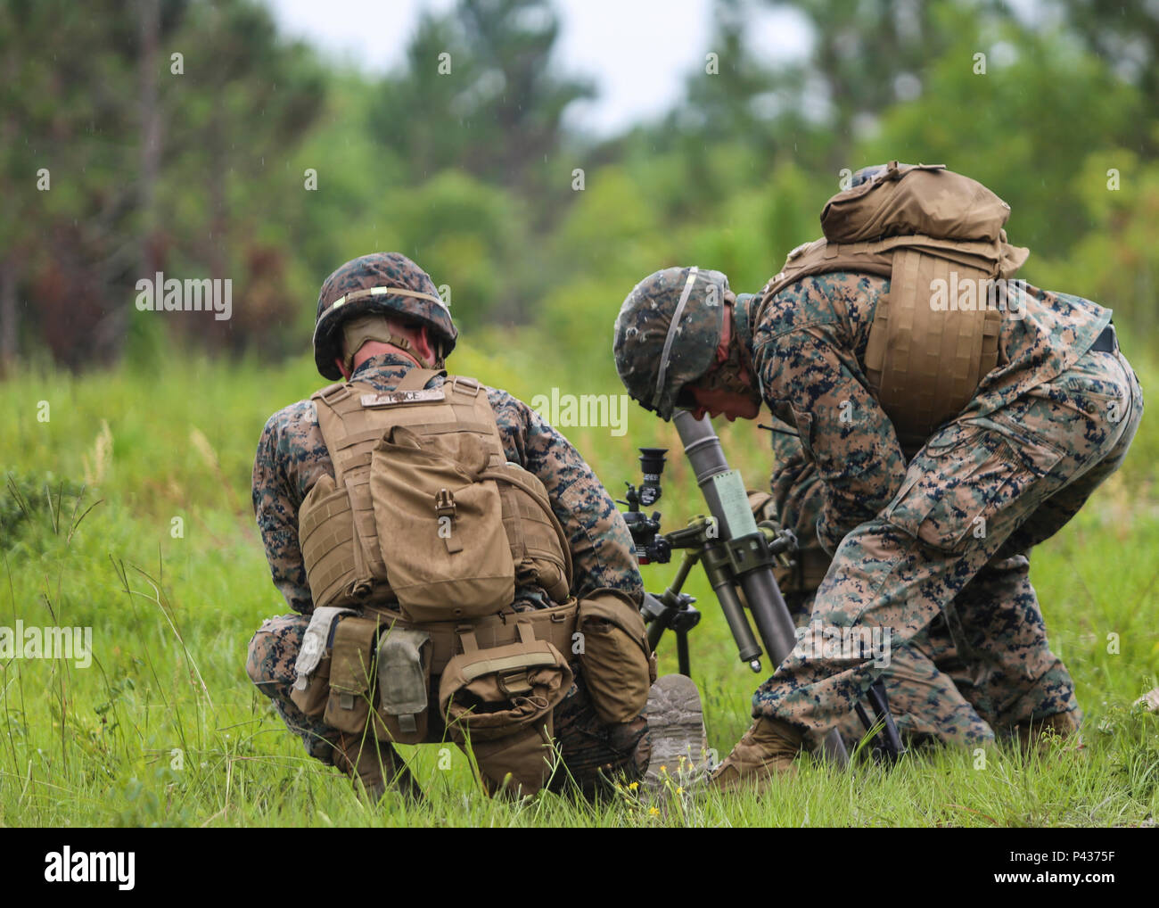 Une section leader avec 1er Bataillon, 2e Régiment de Marines, vérifie son mortier équipe a fait les ajustements adéquats pour le prochain cours d'incendie lors d'un exercice d'entraînement à Camp Lejeune, N.C., 6 juin 2016. Mortier et de familiarisation des Marines a subi des compétences en vue de leur prochain déploiement à l'appui du Groupe de travail air-sol marin spécialisé. (U.S. Marine Corps photo par Lance Cpl. Aaron K. Fiala/libérés) Banque D'Images