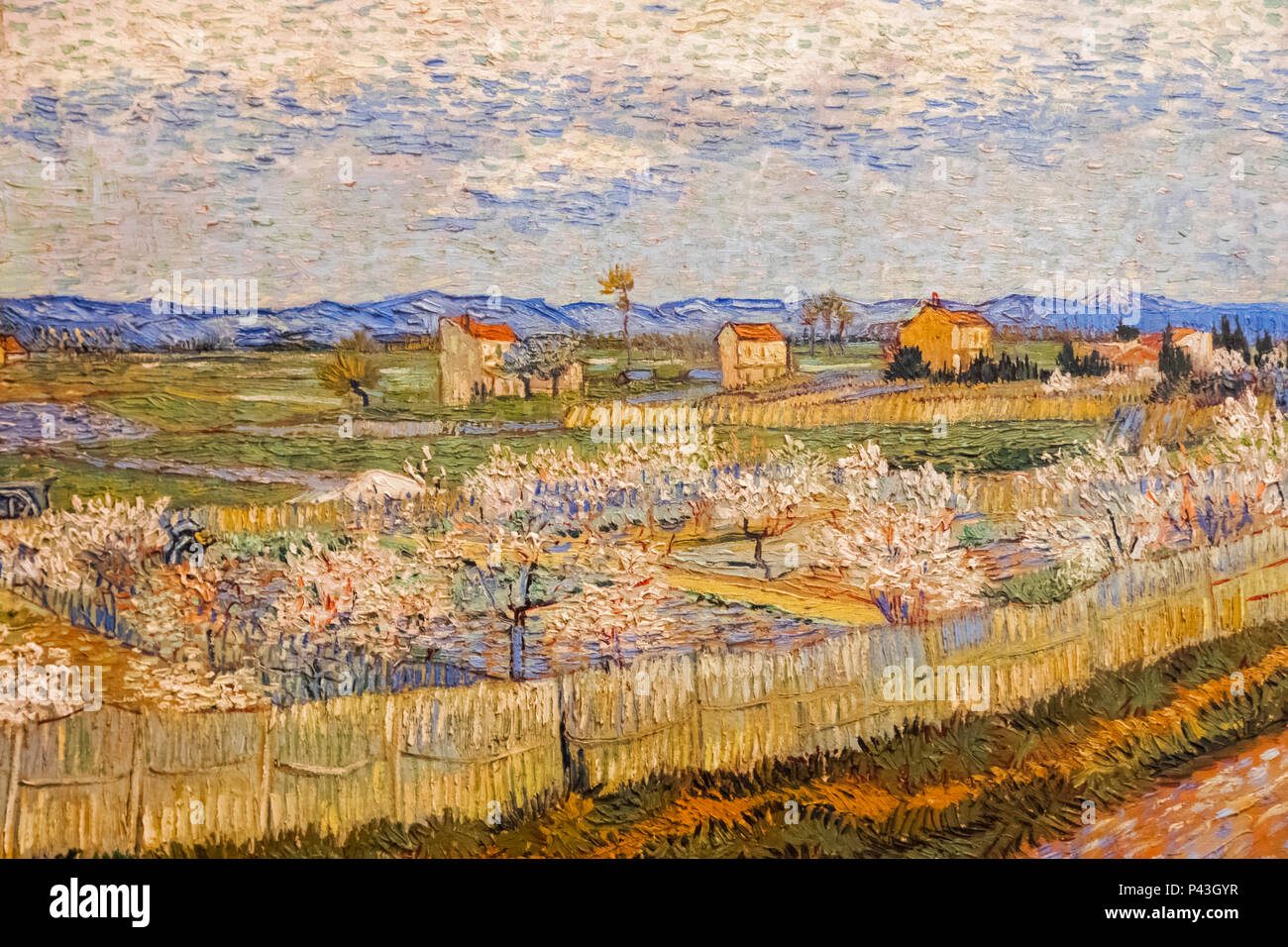 La peinture intitulée 'Les pêchers en fleurs" de Vincent van Gogh datée 1889 Banque D'Images