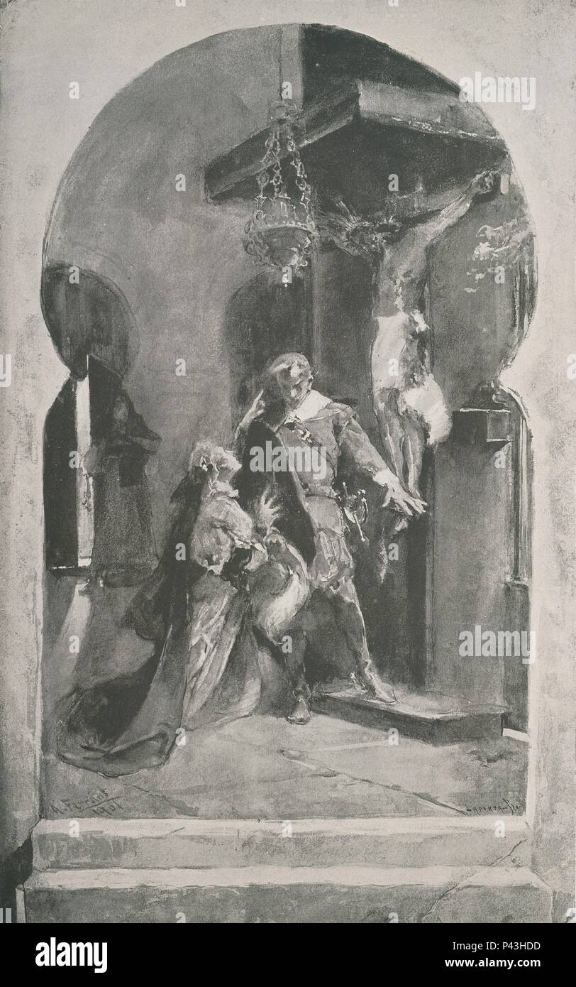 Un BUEN JUEZ MEJOR TÂCHE SCOLAIRE - DE LA ILUSTRACION OBRA DE JOSE ZORRILLA - SIGLO XIX. Auteur : Alejandro Ferrant y Fischermans (1843-1917). Emplacement : BIBLIOTECA NACIONAL-COLECCION, MADRID, ESPAGNE. Banque D'Images