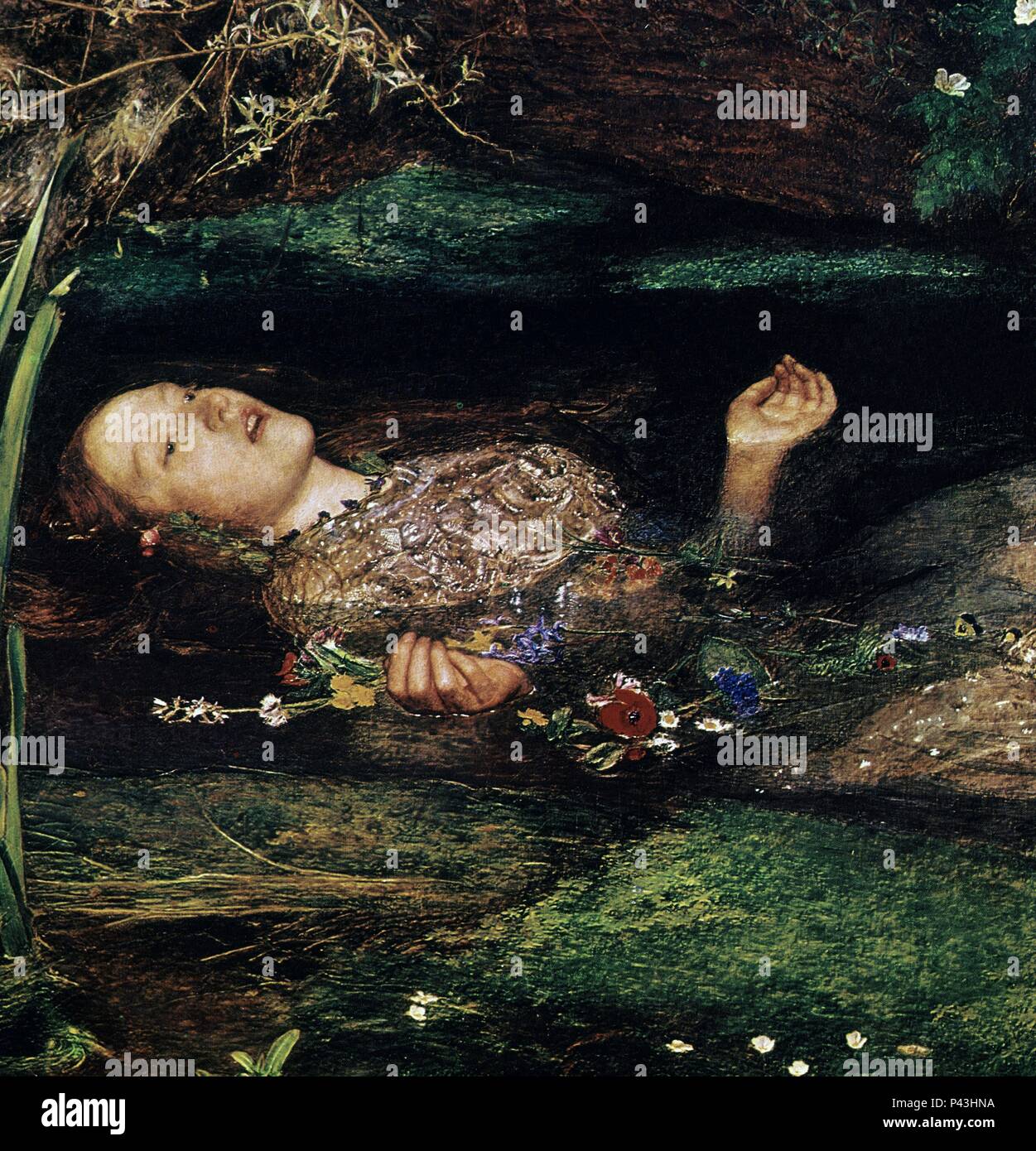 'Ophélie' (détail), 1851-1852, huile sur toile. Auteur : John Everett Millais (1829-1896). Emplacement : Tate Gallery, Londres, Angleterre. Banque D'Images