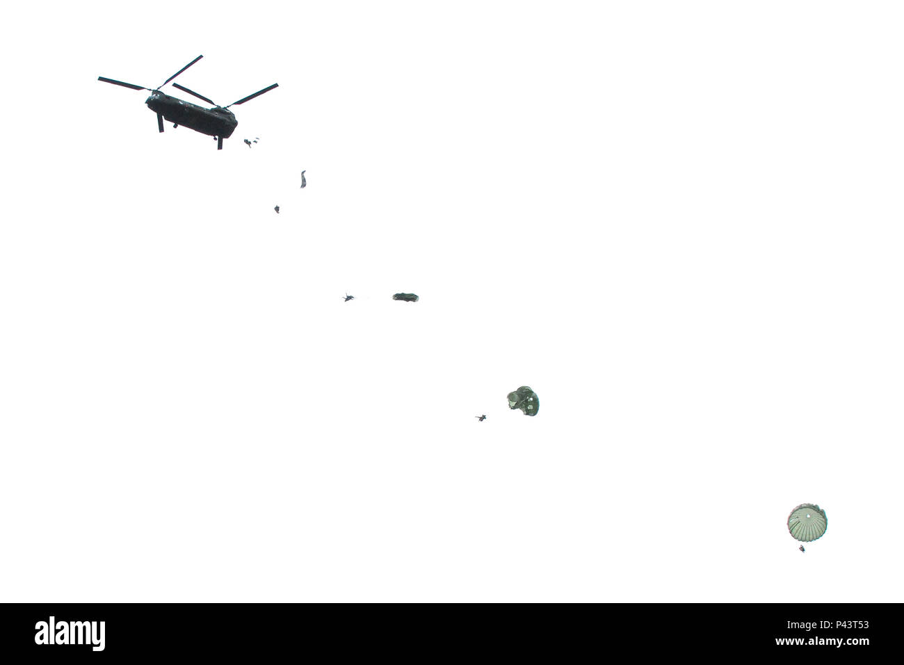 Les membres de la Garde nationale de l'Armée de Washington et de l'United States Army's 1st Special Forces Group est largué d'un hélicoptère CH-47 Chinook sur champ Sanderson à Shelton, Washington par la Garde nationale de l'Armée de Washington le 9 juin 2016 de mettre en place un centre d'opérations tactiques dans le cadre de l'exercice Cascadia Rising. La hausse 2016 Cascadia est un exercice complet impliquant plus de 100 fédéral, état, comté et agences de la ville visant à tester l'état après le tremblement de plan d'intervention en cas d'une zone de subduction de Cascadia. (U.S. Photo de la Garde nationale aérienne TSgt. Paul-cavalier, 194e Escadre) Banque D'Images