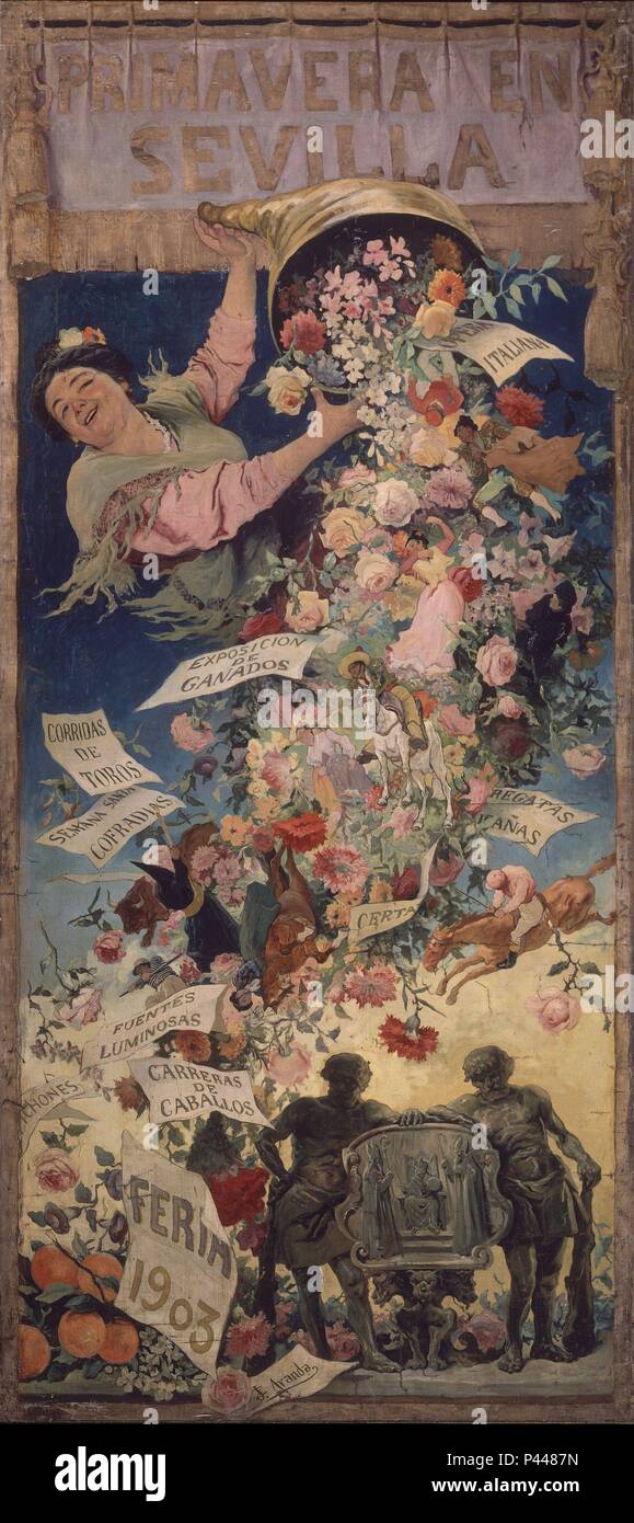 PRIMAVERA EN SEVILLA - 1903 - CARTEL ANUNCIADOR DE LA FERIA SEVILLA - O/g - 257X115. Auteur : José Jiménez Aranda (1837-1903). Emplacement : Banco Urquijo, ESPAGNE. Banque D'Images