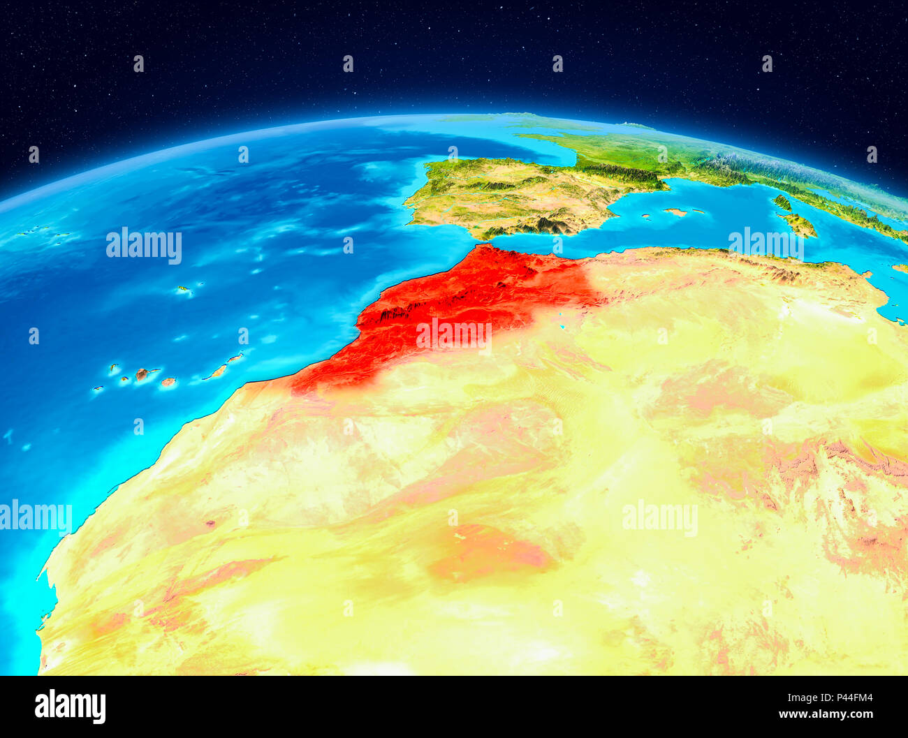 Vue Satellite du Maroc a souligné en rouge sur la planète Terre. 3D illustration. Éléments de cette image fournie par la NASA. Banque D'Images