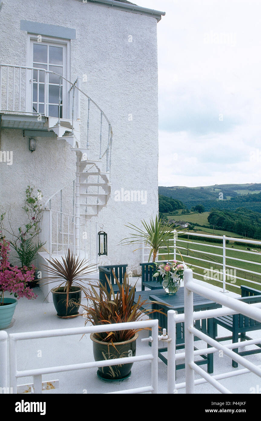 Phormium en pots nd meubles en bois peint sur balcon terrasse de maison  blanche avec escalier blanc Photo Stock - Alamy