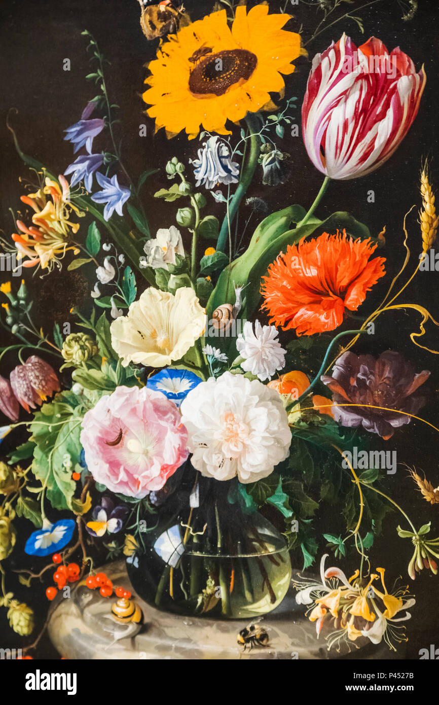 Peinture de fleurs dans vase en verre par Jan Davidsz De Heem daté 1670 Banque D'Images