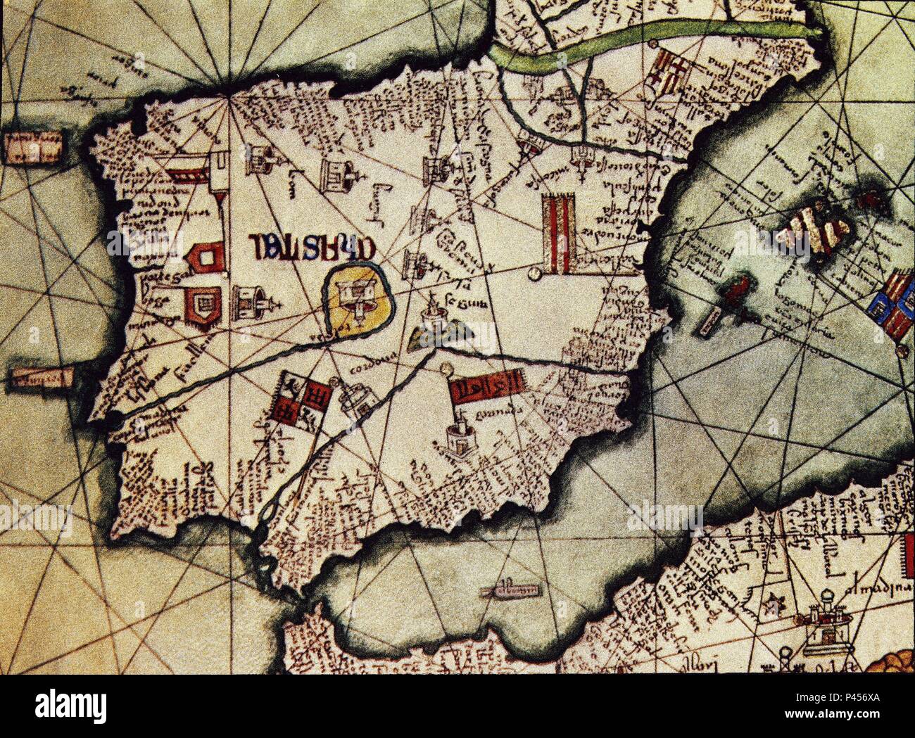 ATLAS CATALAN - MAPA DE ESPAÑA - año 1375. Auteur : Abraham Cresques (1325-1387). Lieu : BIBLIOTHÈQUE NATIONALE, FRANCE. Banque D'Images