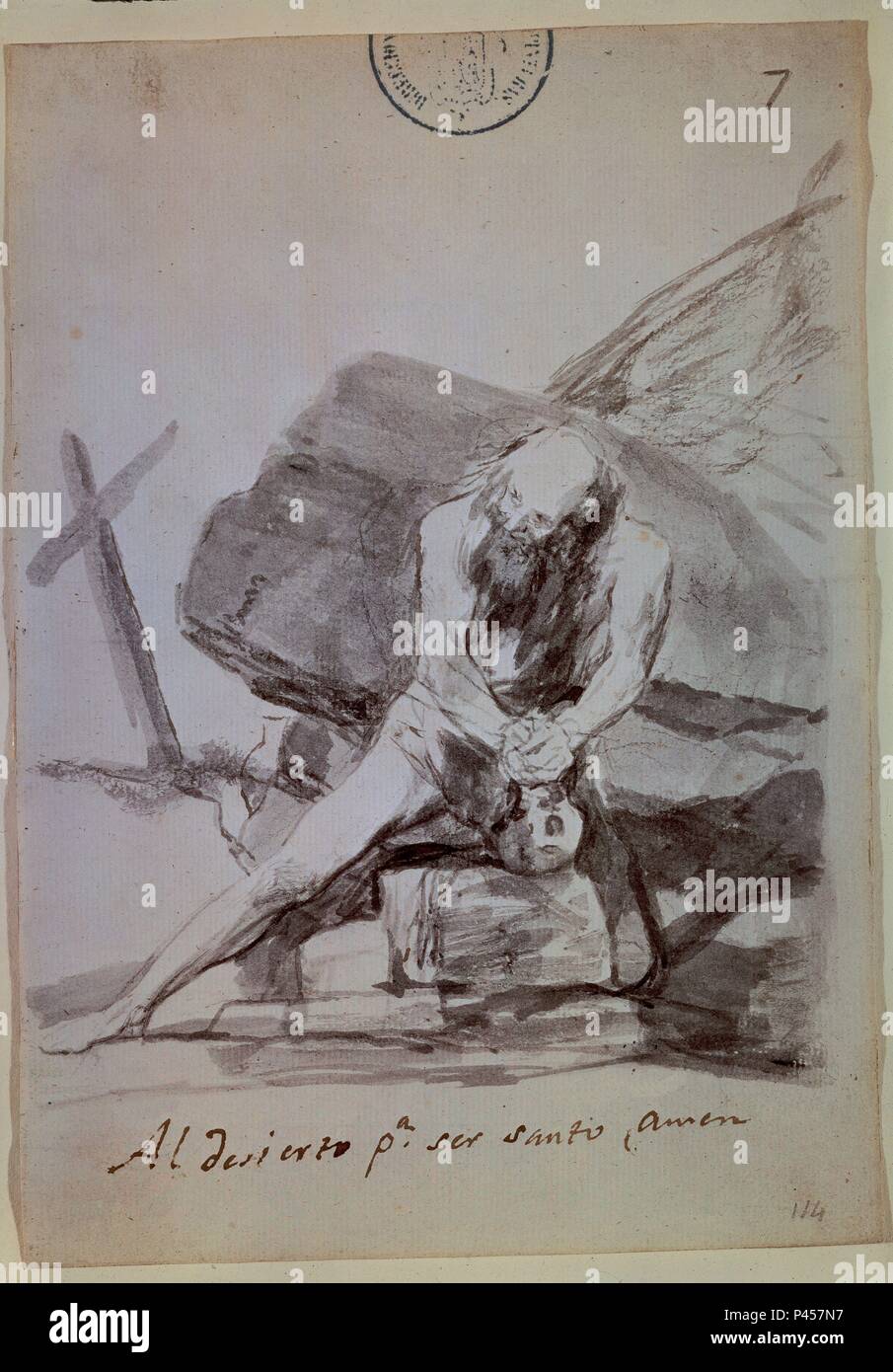 AL DESIERTO PARA SER SANTO, AMEN - ALBUM C, 7 - 1808-1810 - PINCEL AGUADA, GRIS, 205x143 mm. Auteur : Francisco de Goya (1746-1828). Emplacement : Museo del Prado-DESSINS, MADRID, ESPAGNE. Banque D'Images