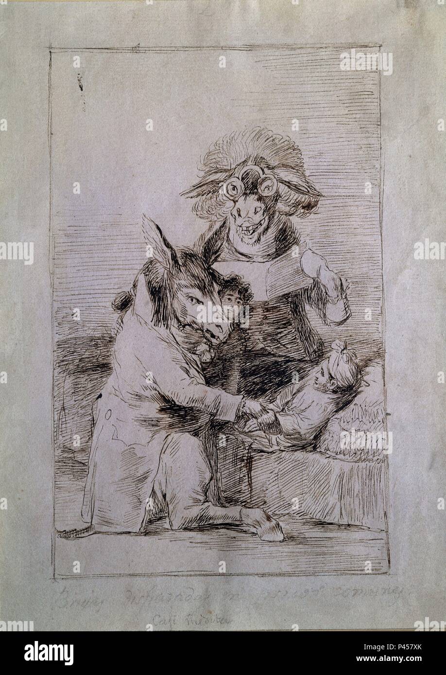 SUEÑO 27 - BRUJAS DISFRAZADAS EN FISICOS COMUNES -DIBUJO PREPARATORIO PARA EL CAPRICHO 40 - DE QUE MAL MORIRA ? SIGLO XVIII. Auteur : Francisco de Goya (1746-1828). Emplacement : Museo del Prado-DESSINS, MADRID, ESPAGNE. Banque D'Images