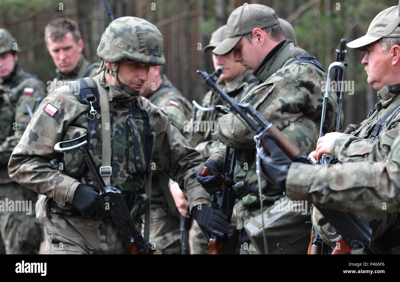 Un chef d'équipe assure l'ensemble de ses soldats sont sortis de leurs armes en vue d'effectuer une gamme de qualification d'armes dirigé par la Compagnie de la Police militaire de la 554th de Stutgart, en Allemagne, au cours de l'exercice 2016 Anakonda près de Chelmno, en Pologne, le 10 juin. L'exercice implique plus de 31 000 participants de plus de 20 nations. Anakonda 16 est un événement de formation de l'armée américaine pour l'Europe et les nations participantes et démontre les États-Unis et les pays partenaires peuvent effectivement s'unissent sous un commandement unifié, alors que la formation sur le scénario contemporain. (U.S. Photo de l'armée par le sergent. De Banque D'Images