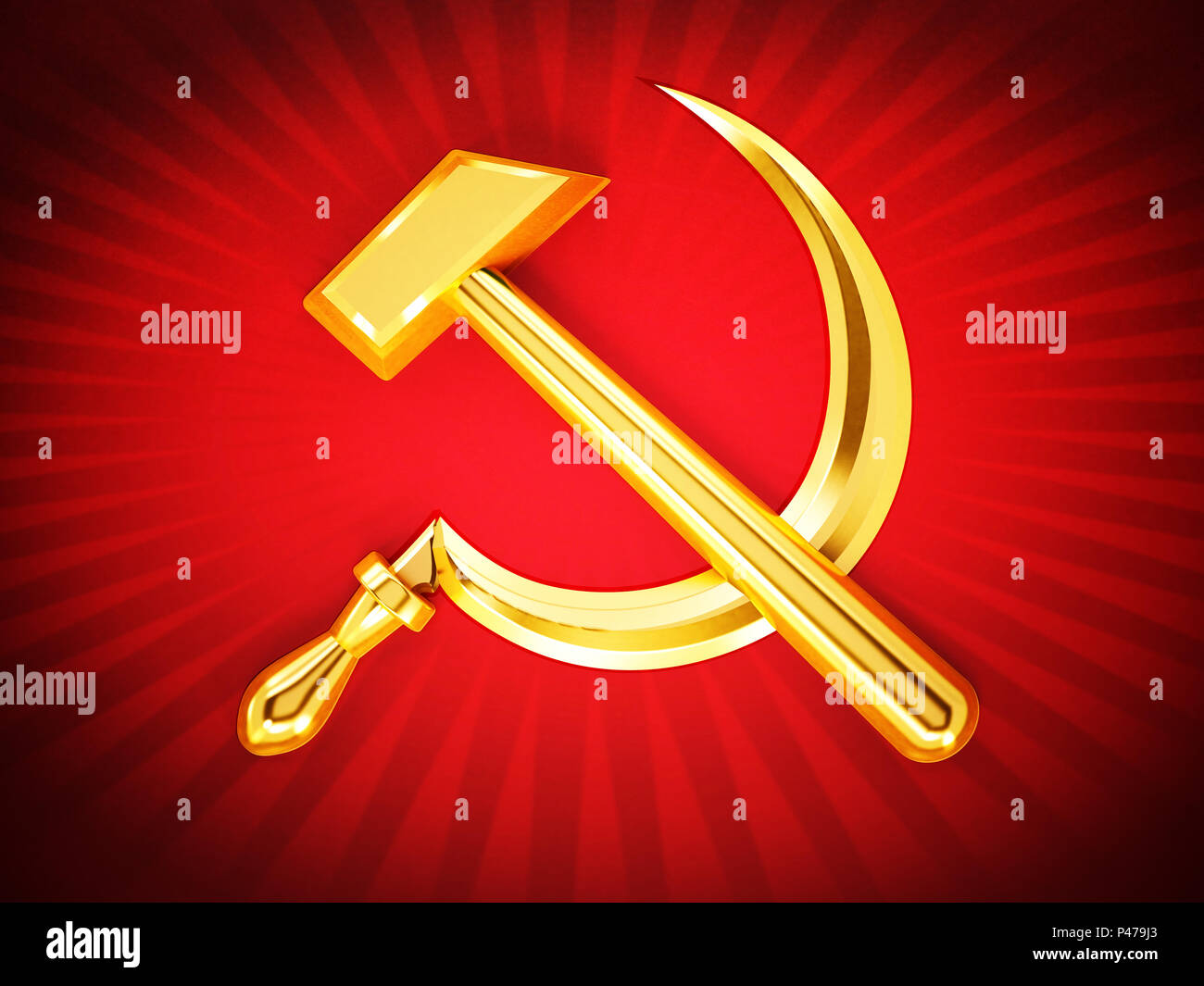 Les symboles de la faucille et du marteau communistes sur rouge. 3D illustration. Banque D'Images