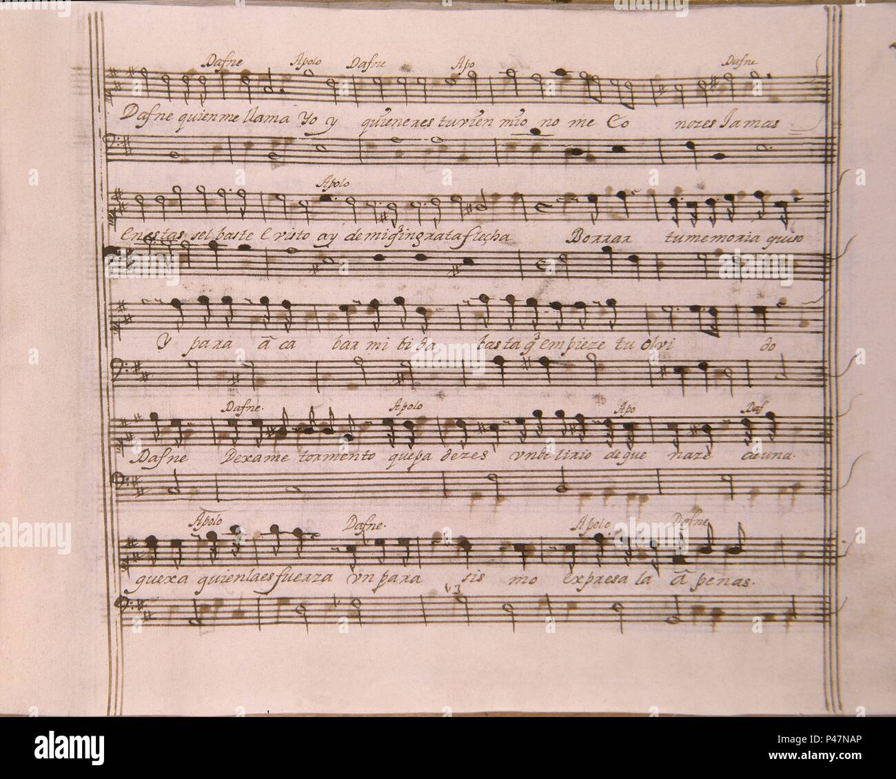 APOLO Y DAFNE - 1699 - ZARZUELA EN TRES ACTOS. Auteur : DURON SEBASTIAN. Emplacement : BIBLIOTECA NACIONAL-COLECCION, MADRID, ESPAGNE. Banque D'Images