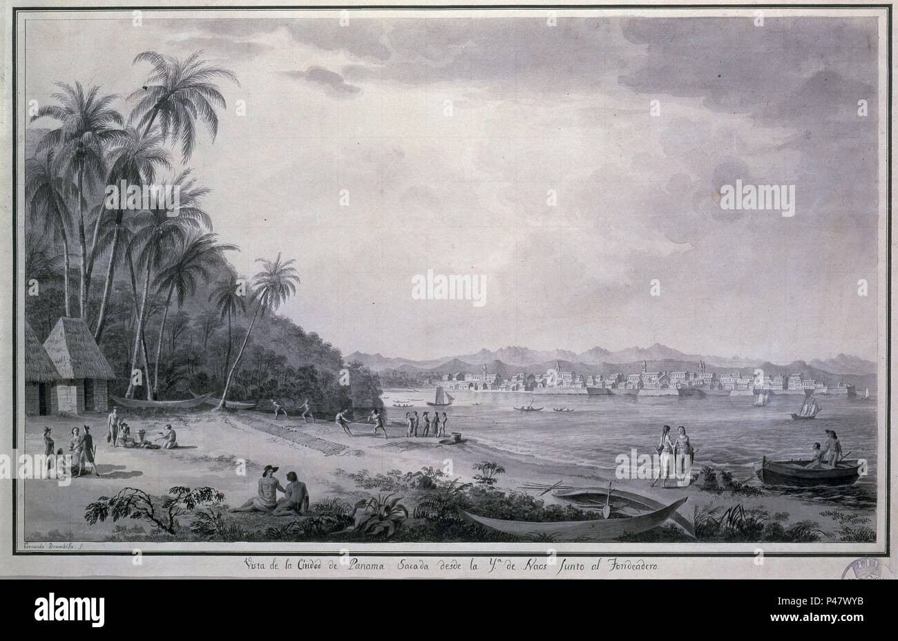 LA CIUDAD DE PANAMA DESDE LA ISLA DE LA ZNS - SIGLO XVIII - EXPEDICION MALASPINA. Auteur : Fernando Brambila (1763-1832). Lieu : MUSÉE NAVAL / MINISTERIO DE MARINA, MADRID, ESPAGNE. Banque D'Images