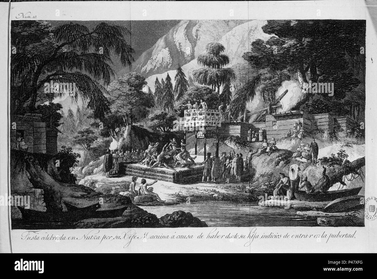 VIAJE AL ATLAS DE DÉTROIT JUAN DE FUCA - 1792 - FIESTA CELEBRADA EN MACUINA NUTKA POR UNE CAUSA DE HABER DADO SU HIJA INDICIOS DE ENTRAR EN LA PUBERTAD. Auteur : José Cardero (1766-1811). Emplacement : BIBLIOTECA NACIONAL-COLECCION, MADRID, ESPAGNE. Banque D'Images
