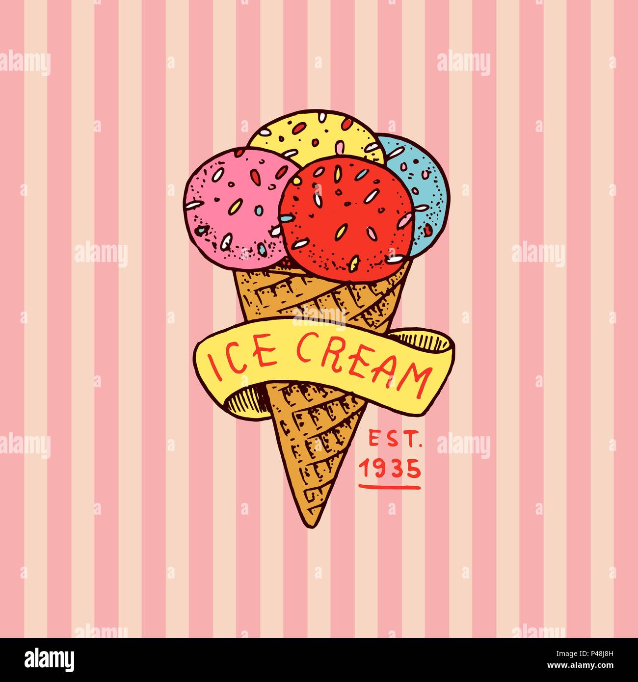 Gelato cirque badge. Retro glaces italiennes. Vintage Carnival logo ou emblème mignon. Étiquette pour le festival de bannière et de montrer, à la cafétéria ou au bar. L'été savoureux dessert. gravés main croquis. Illustration de Vecteur