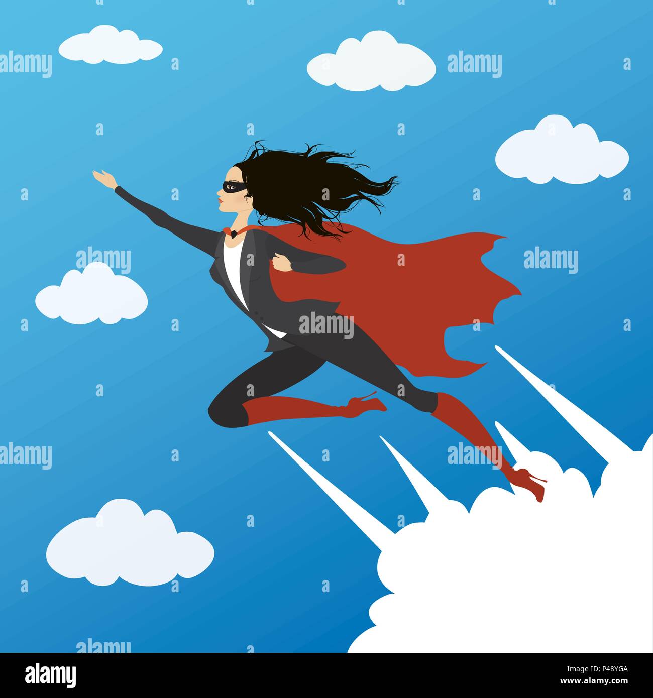 Femme d'affaires à la recherche de super-héros comme battant de la réussite dans le ciel,vector illustration. Illustration de Vecteur